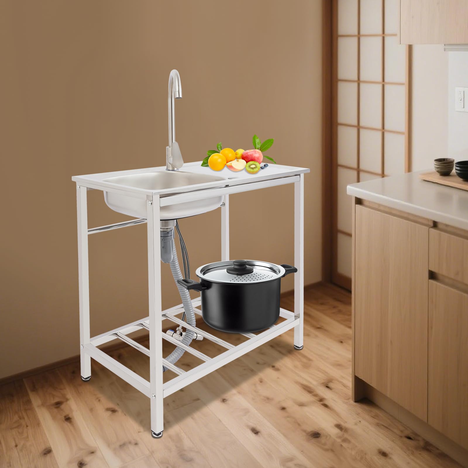 Fregadero de cocina independiente de acero inoxidable, 75 x 40 cm, con grifo | Fregadero de cocina independiente de acero inoxidable para jardín y terraza con desagüe y patas ajustables