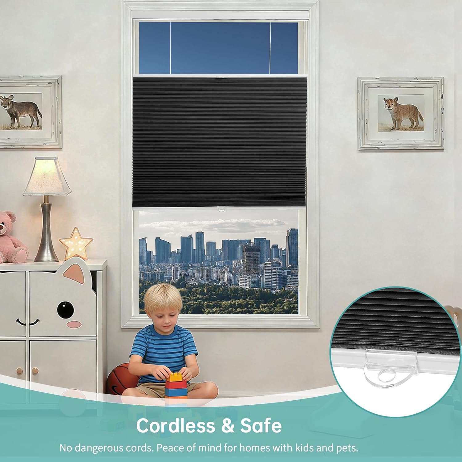 Changshade Top Down Bottom Up Blackout Cellular Shades, Cordless Honeycomb Blinds for Windows, Light Blocking & Total Privacy for Day Sleepers,Black,27" W*50" H