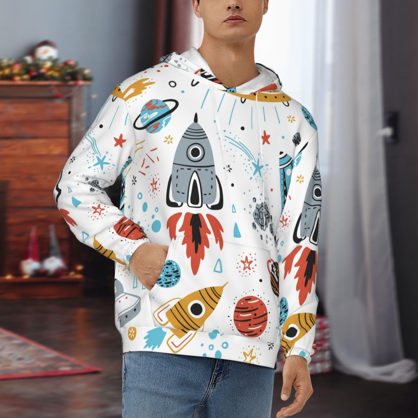 Męska bluza z kapturem z nadrukiem rakiet kreskówkowych, casualowa grafika z nadrukiem bluzy z kapturem z kieszenią