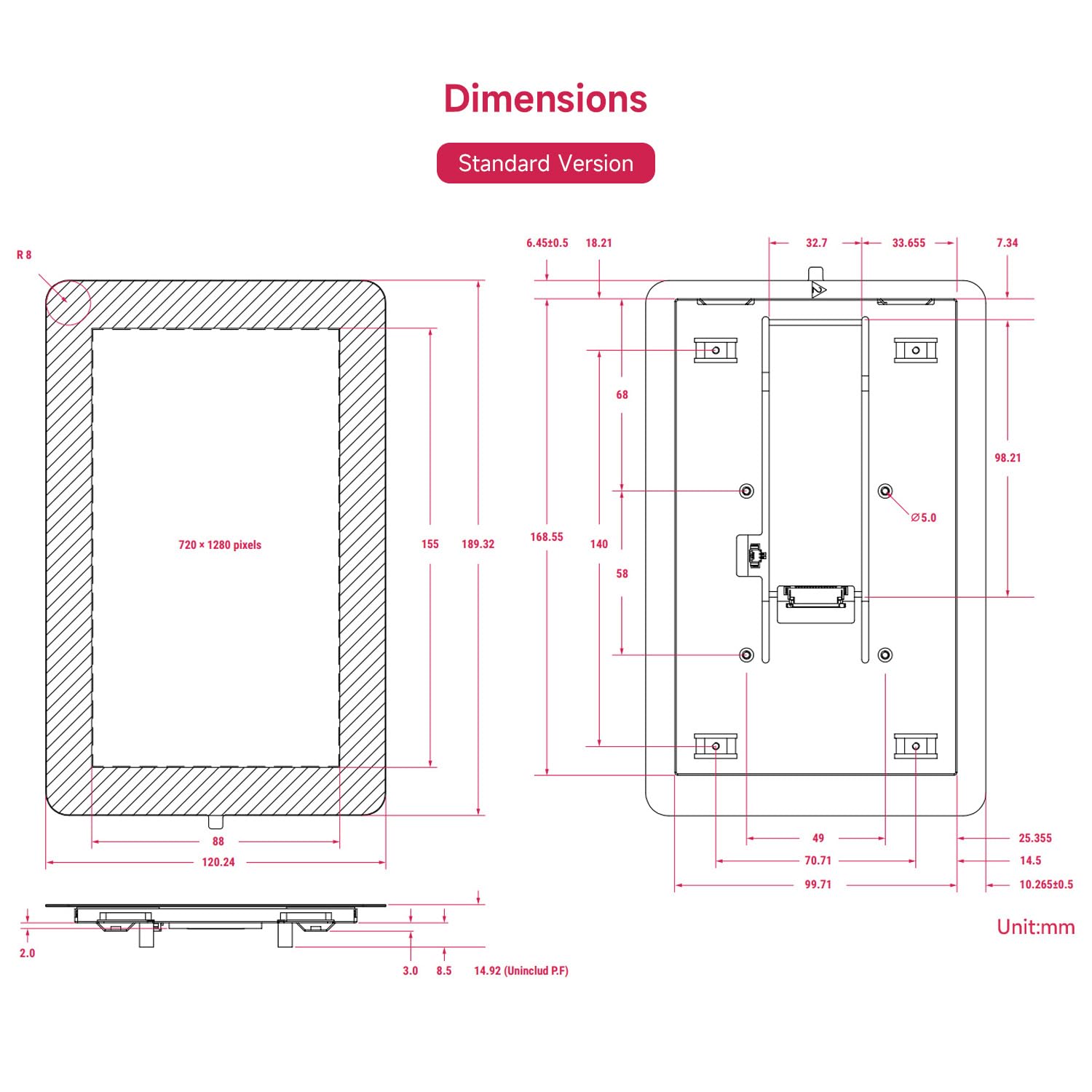 Waveshare Official Pi 7inch Raspberry Pi Touch Display 2 With White Case, 720 x 1280, IPS, DSI Interface, 5-Point Touch