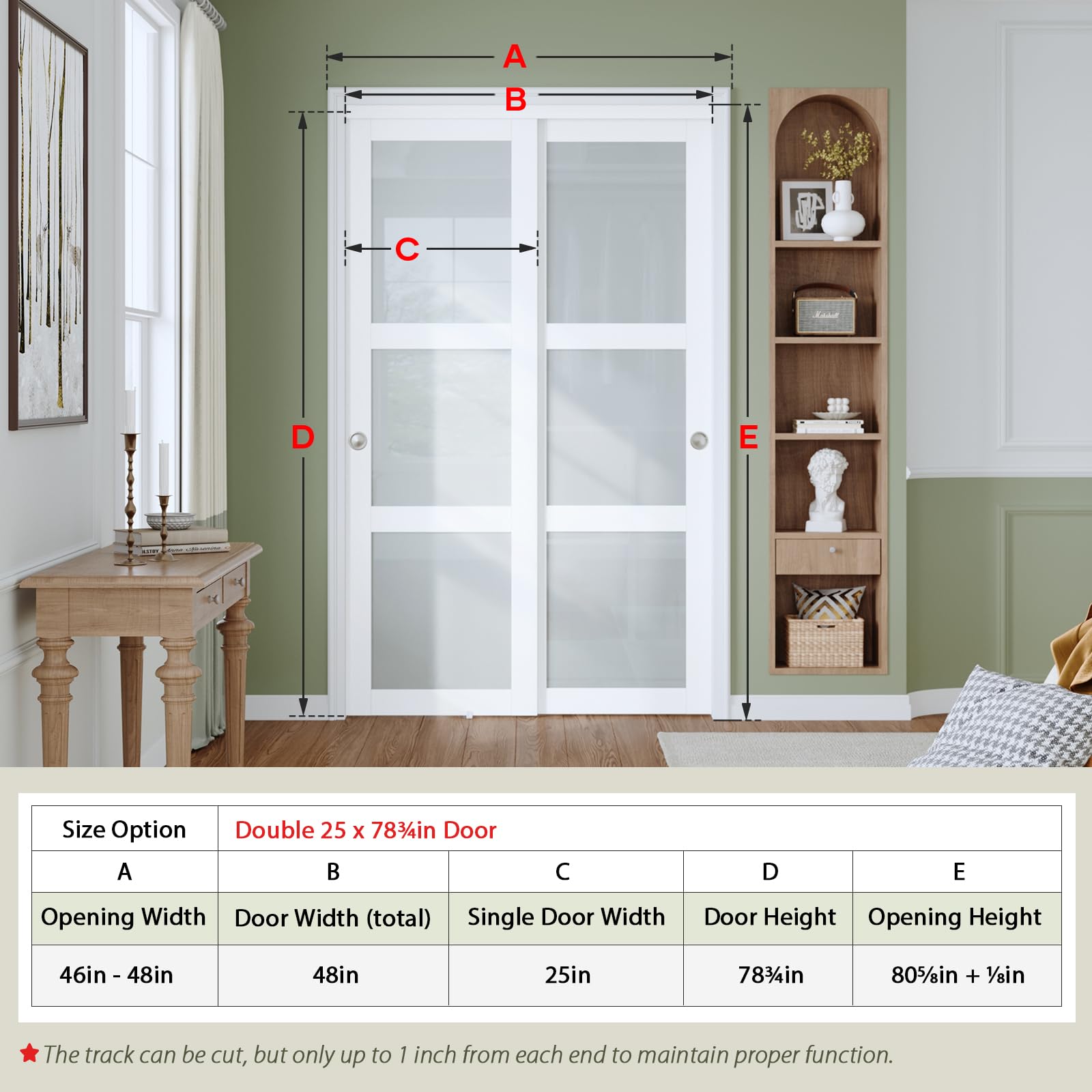 Condition photo showing New/Like New for Preassembled Sliding Closet Door 48"×80"(Double 25"), 3-Lite Frosted Glass Bypass Door with Hardware Kit Include,Wood Slab with Water-Proof PVC Surface, Easy to Install, White.