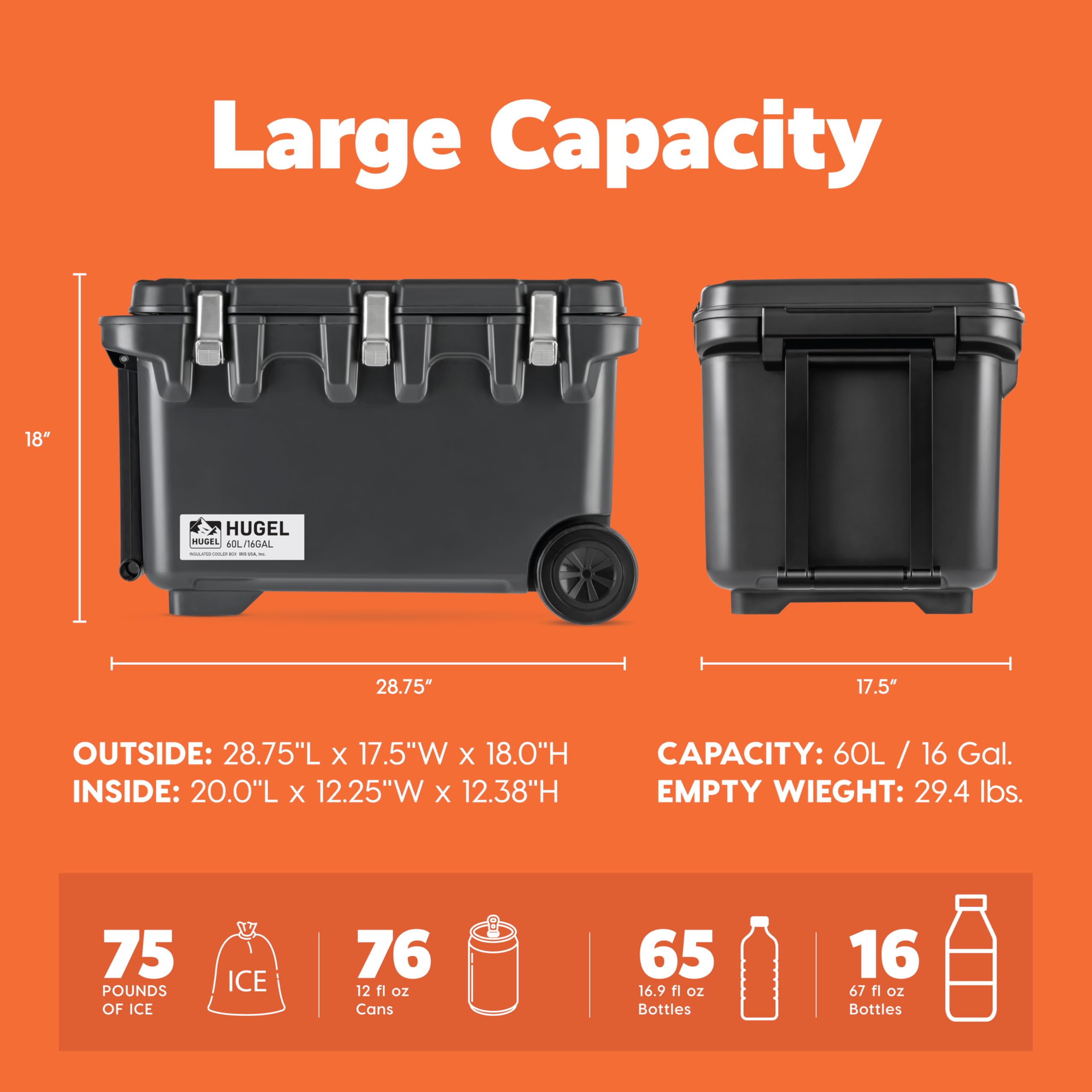 IRIS USA Hugel 64 QT Cooler with Wheels, Heavy Duty Metal Buckles, Portable Vacuum-Insulated Ice Chest, Built-in Handles, Durable Hard Cooler, Fishing Camping Boats Beach Road Trips, Gray