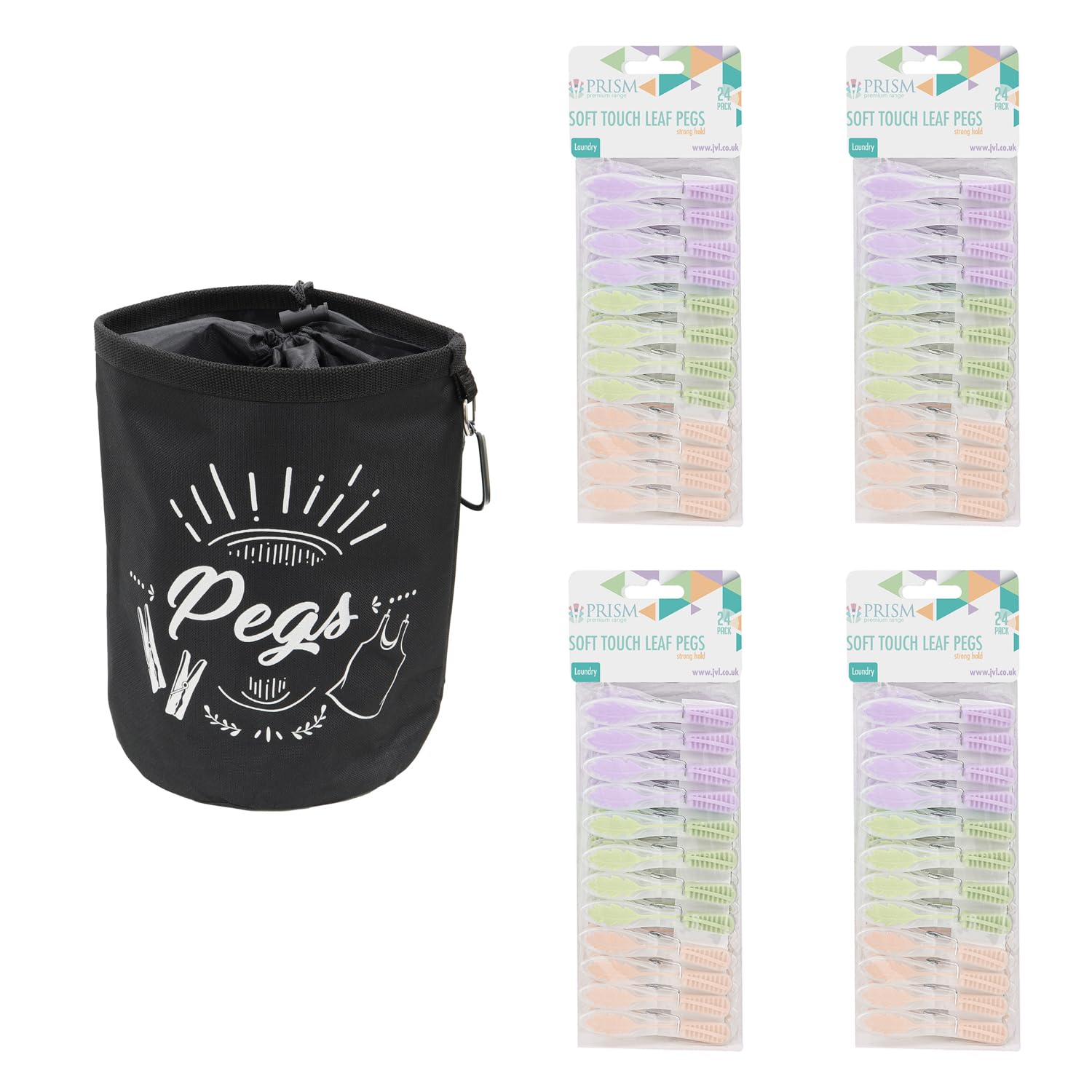 JVL Large Black Peg Bag with 96 Soft Touch Leaf Clothes Pegs – Hanging Peg Storage – Assorted Colours