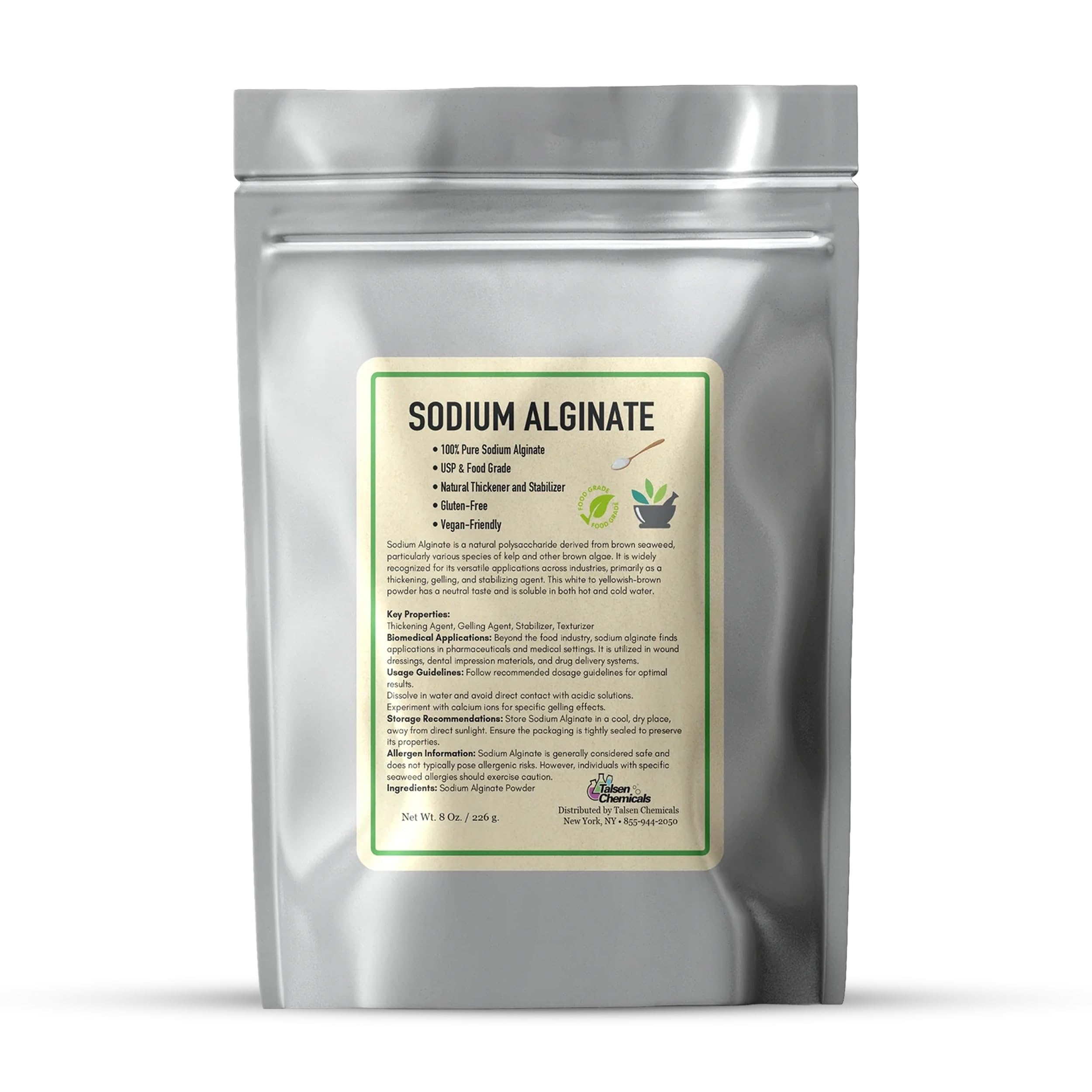 Sodium Alginate (4 Ounce / 113 Grams) Pure Sodium Alginate Powder Food Grade Powder for Thickening, Perfect for Making Luxurious Caviar Spheres, Desserts, Meatloaves by Talsen Chemicals