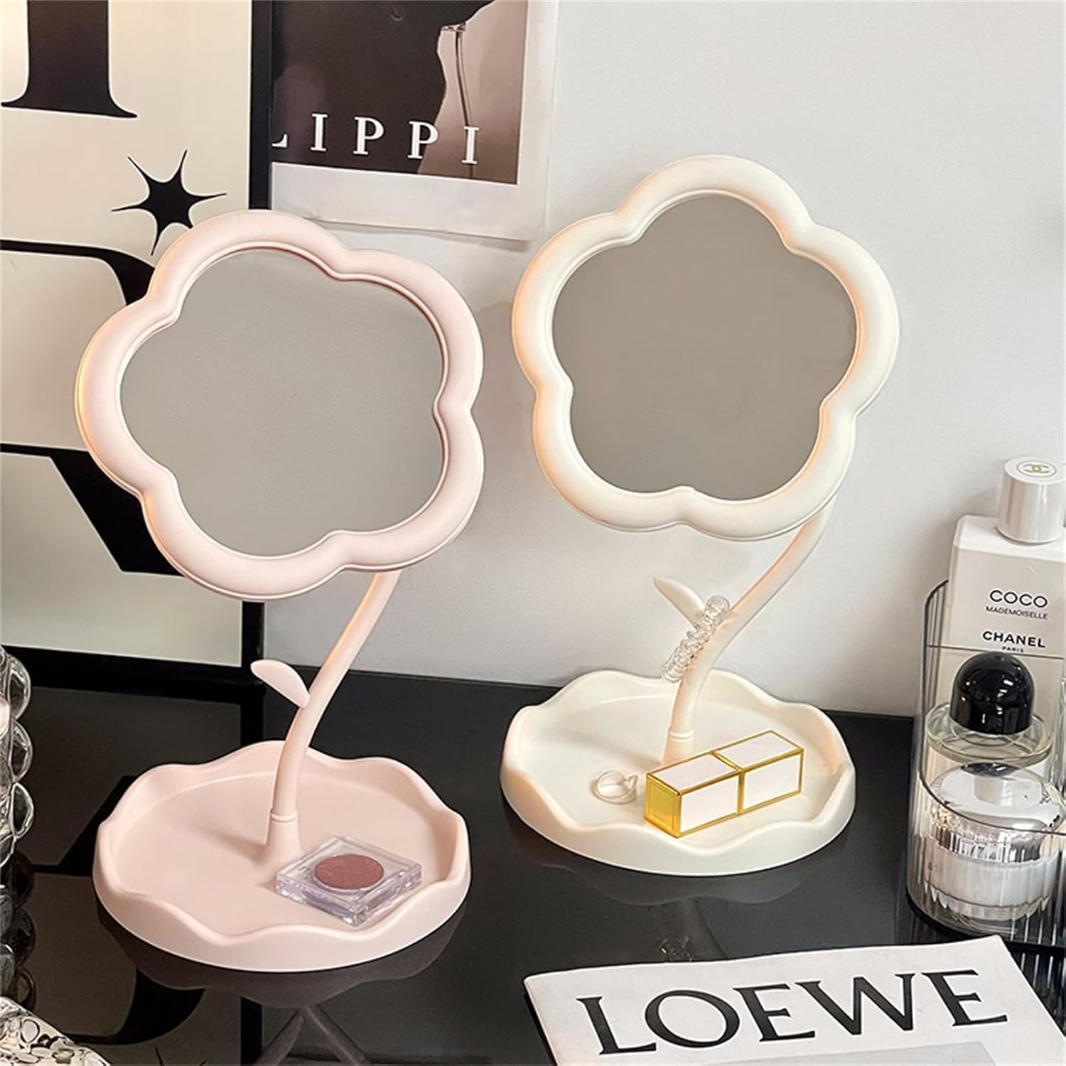 YEPZY Flower-Shaped Makeup Mirror, Rotatable Makeup Mirror with Tray Table Vanity Mirror Cute Flower-Shaped Mirror for Tabletop, Bedroom, Bathroom, Living Room(29L*16W) 3
