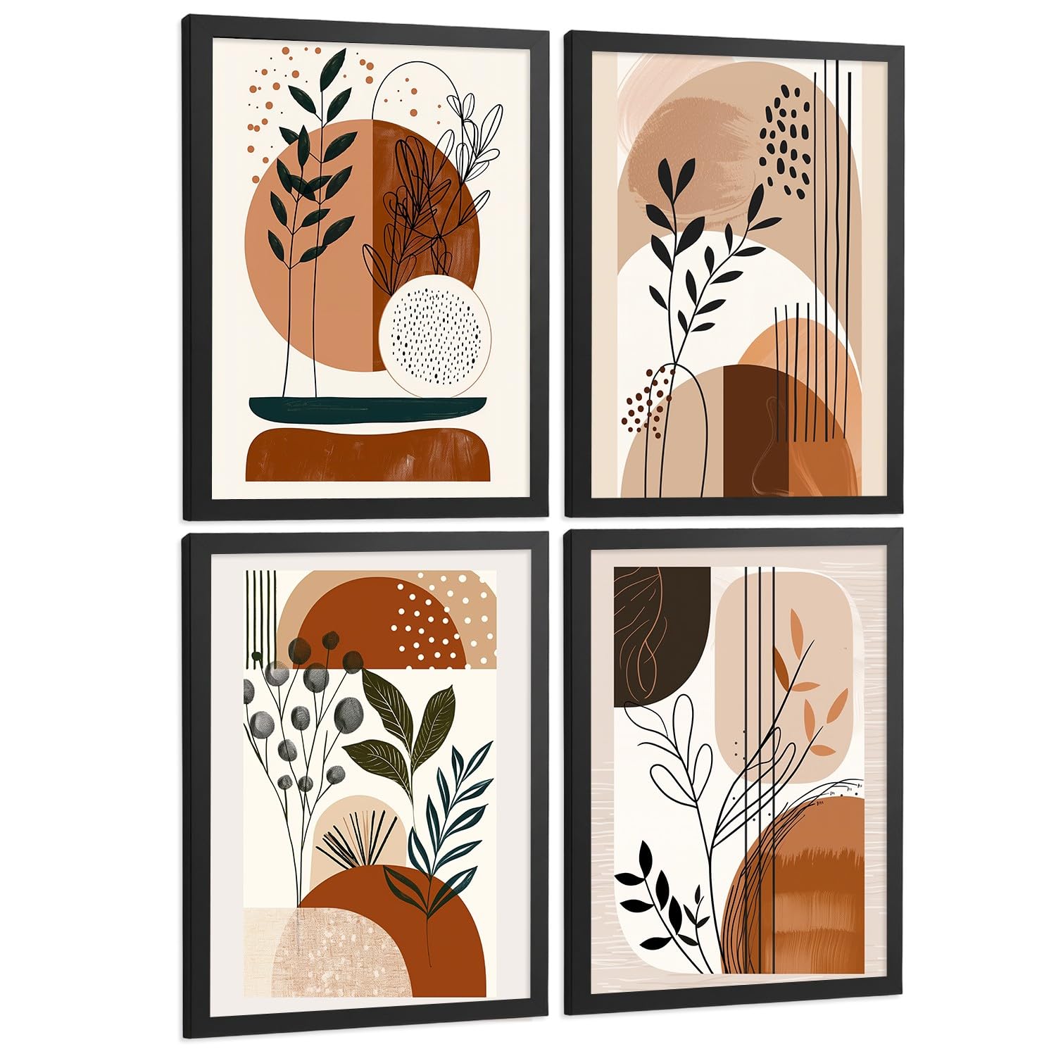 Nacnic Set De 4 Laminas Decorativas Formas Abstractas Botanicas Cuadros Salon Modernos - Posters Decorativos Plantas Marrones Decoración Dormitorios Cocina Baño A4 Marco Negro