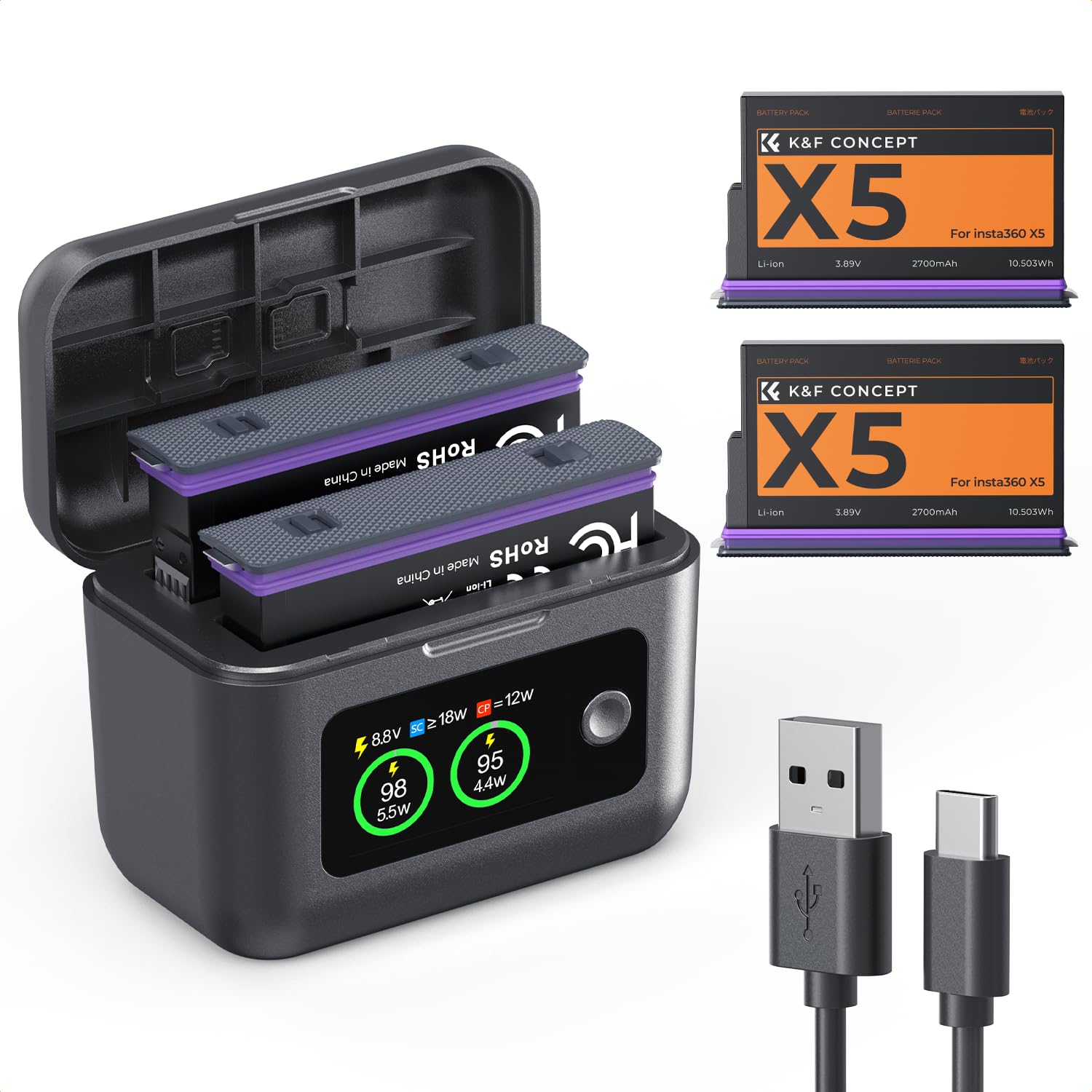 K&F CONCEPT 360X5 Battery, 2-Pack 2700mAh X5 Batteries with PD20W LCD Battery Charger Case Compatible with Insta360 X5 Action Camera Accessories