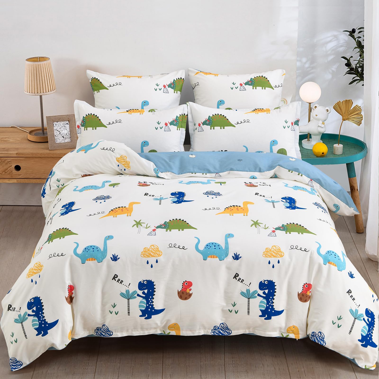 DJY Kids Duvet Cover Set Queen, Cotton Dinosaur Kids Bedding Set for Boys Girls, Soft Breathable Comforter Cover Set (1 Duvet Cover+2 Pillowcases)