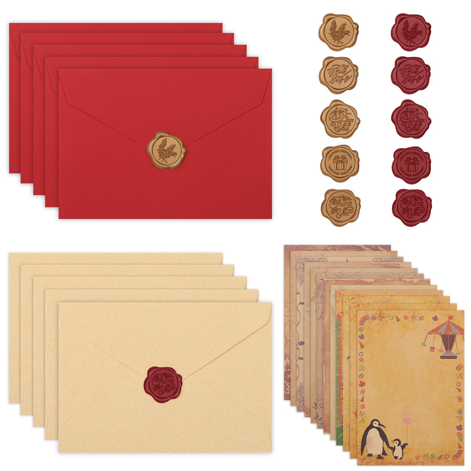 Realjoy 44 sztuki papieru i torebek do pisania, 10 saszetek, 24 karty vintage, 10 naklejek na listy miłosne, urodziny, Boże Narodzenie, wesela