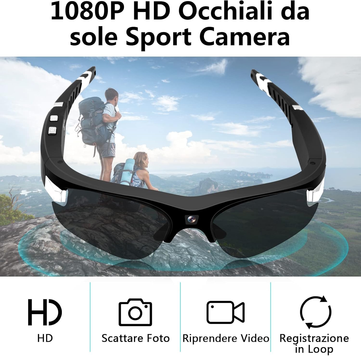 Occhiali da Sole con Telecamera spia HD 1080P Sport Occhiali con Fotocamera, scatta foto e registra video per sport all'aperto. Action Camera per Sci, moto, bicicletta, corsa - CW894