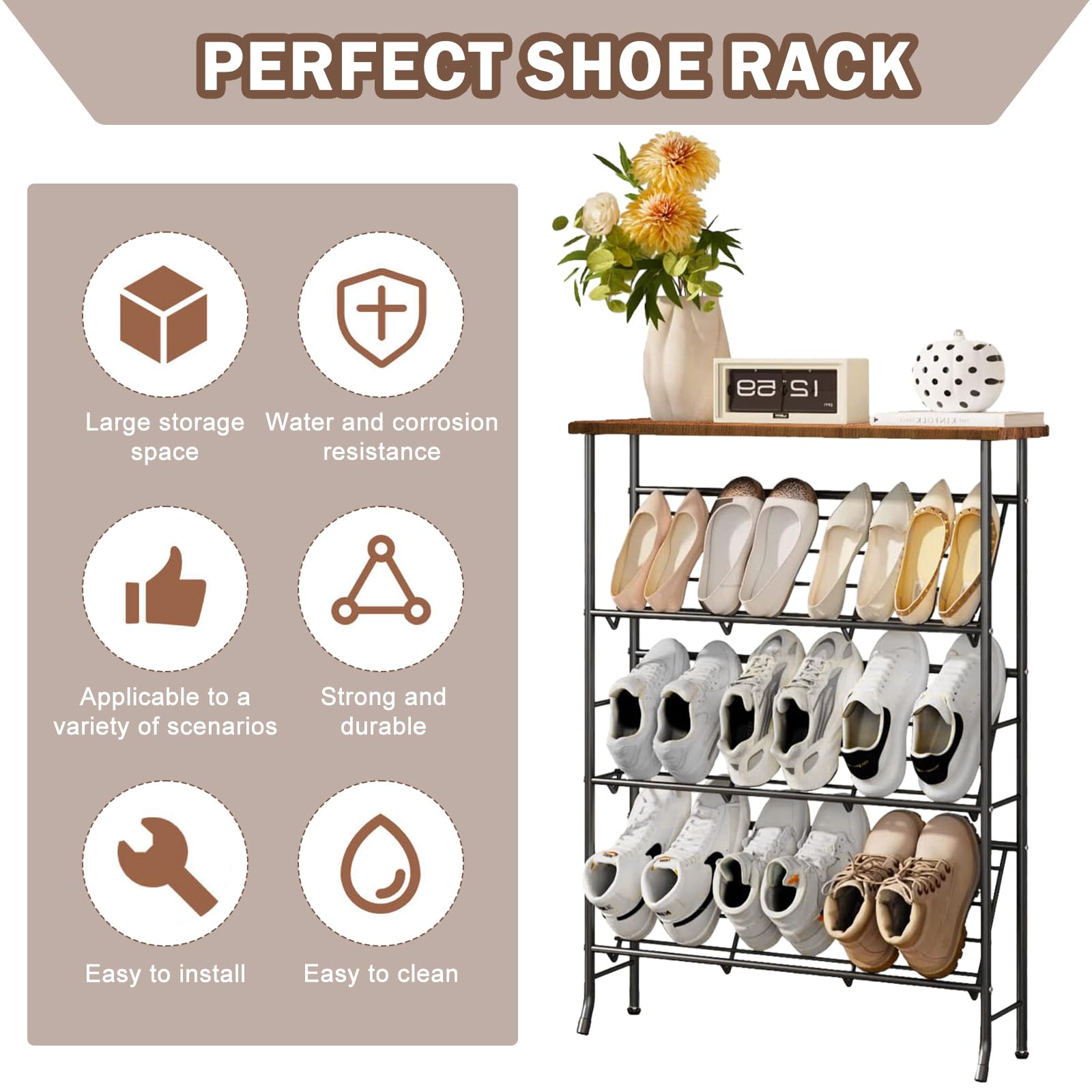 Schuhregal Schmal Metall, Shoe Rack mit 4 Ebenen, Stapelbares Kleines Schuhregal, SchuhstäNder Organizier für 12-16 Paar Schuhe, Schuhablage für Eingangsbereich Flur Wohnzimmer Schlafzimmer