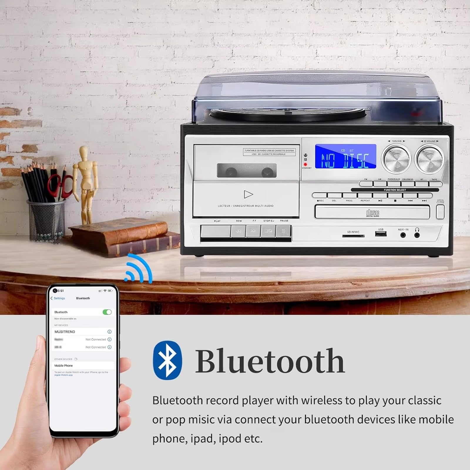 Giradischi in Vinile a 3 velocità Regolabili con Bluetooth, CD, Cassette, Radio FM/AM, Riproduzione USB/SD, Ingresso AUX, Uscita Cuffie e Audio, fonografo Vintage,Brown