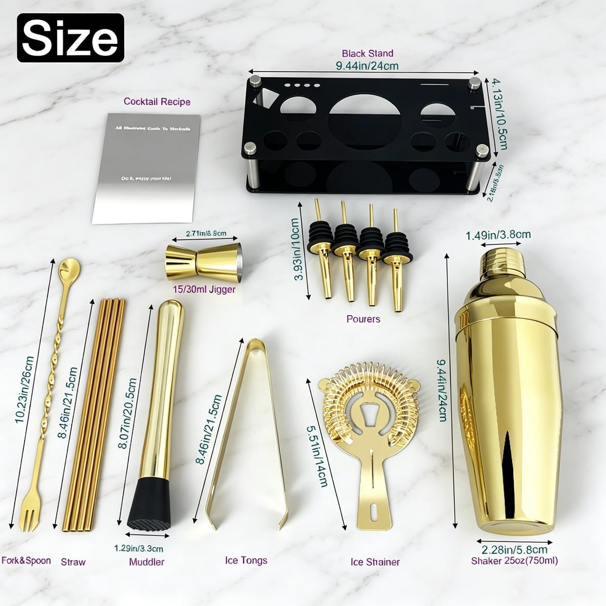 Condition photo showing New/Like New for 14-piece cocktail shaker set with stand, bartender kit, 25oz shakers, bar set cocktail shaker set, jigger for bartending kit, drink mixer set, cocktail set recipes booklet home, bar, party (gold)