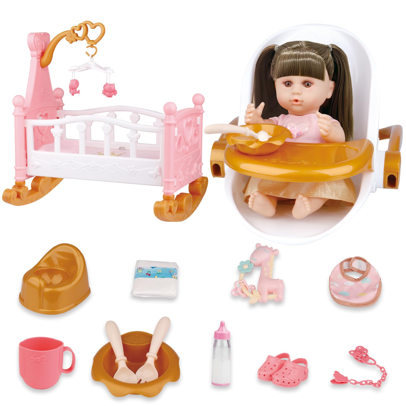 RedCrab Set Bambola con Accessori, 32cm Bambola con Funzione di Alimentazione, Lettino, Seggiolone, Vestiti, Biberon, Tettarella, Vasino e Pannolini, Giocattolo Regalo per Bambina 3+ Anni