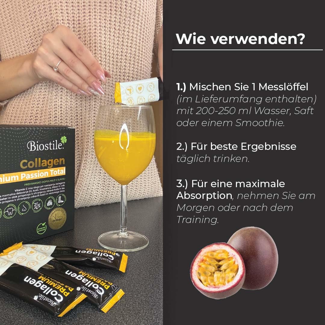 Collagen Premium Passion Total – 30 Beutel mit 8600 mg hydrolysiertem Kollagen, Vitamin C, Curcumin, Shilajit, Zink, Kupfer, Biotin, Mangan und Silizium für Haut, Gelenke und Knochen
