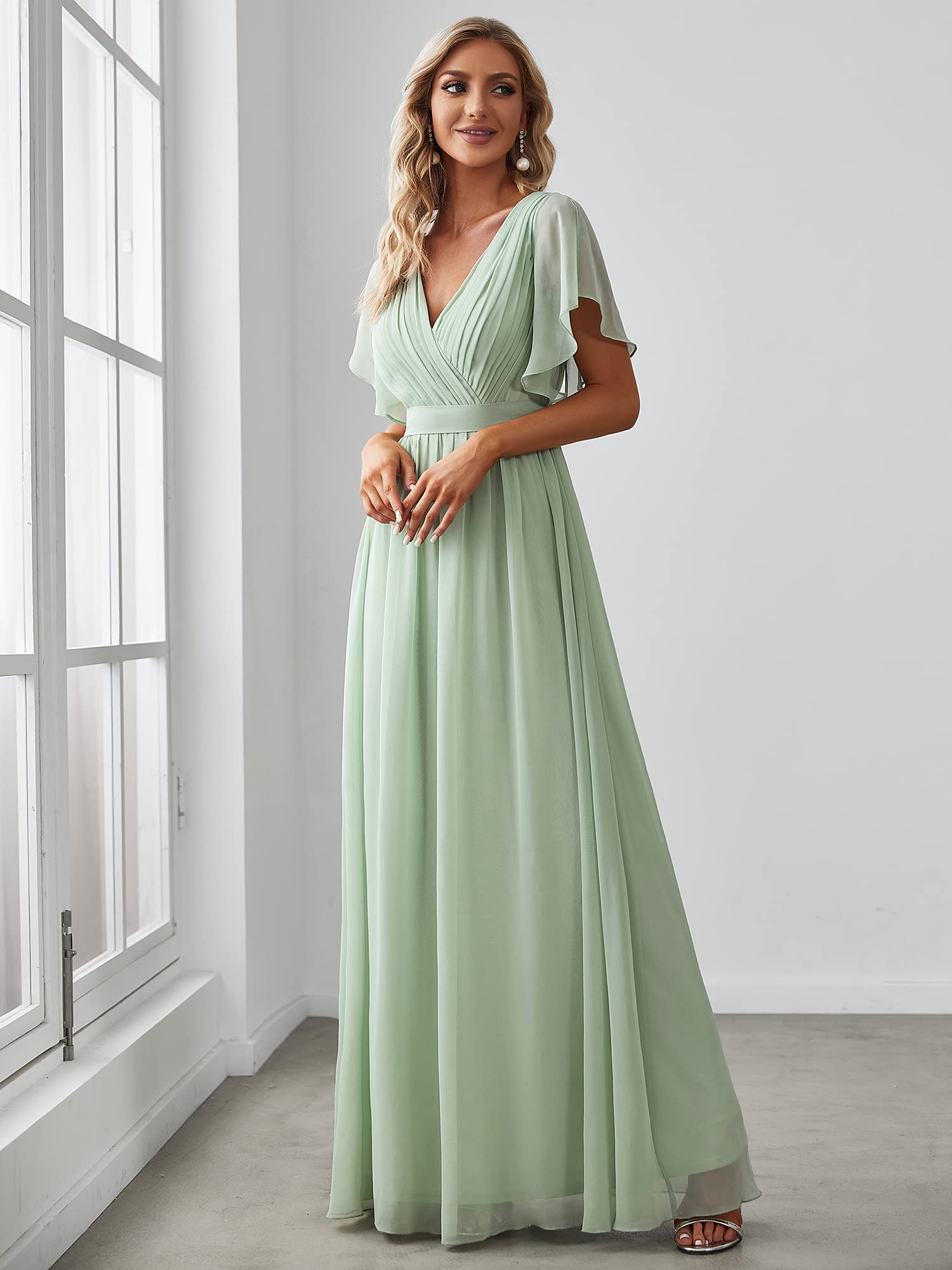 Ever-Pretty Robe pour Mariage Invité Longue Femme Col V Mousseline A Line Manches Courtes Plissé Chic EE0164A