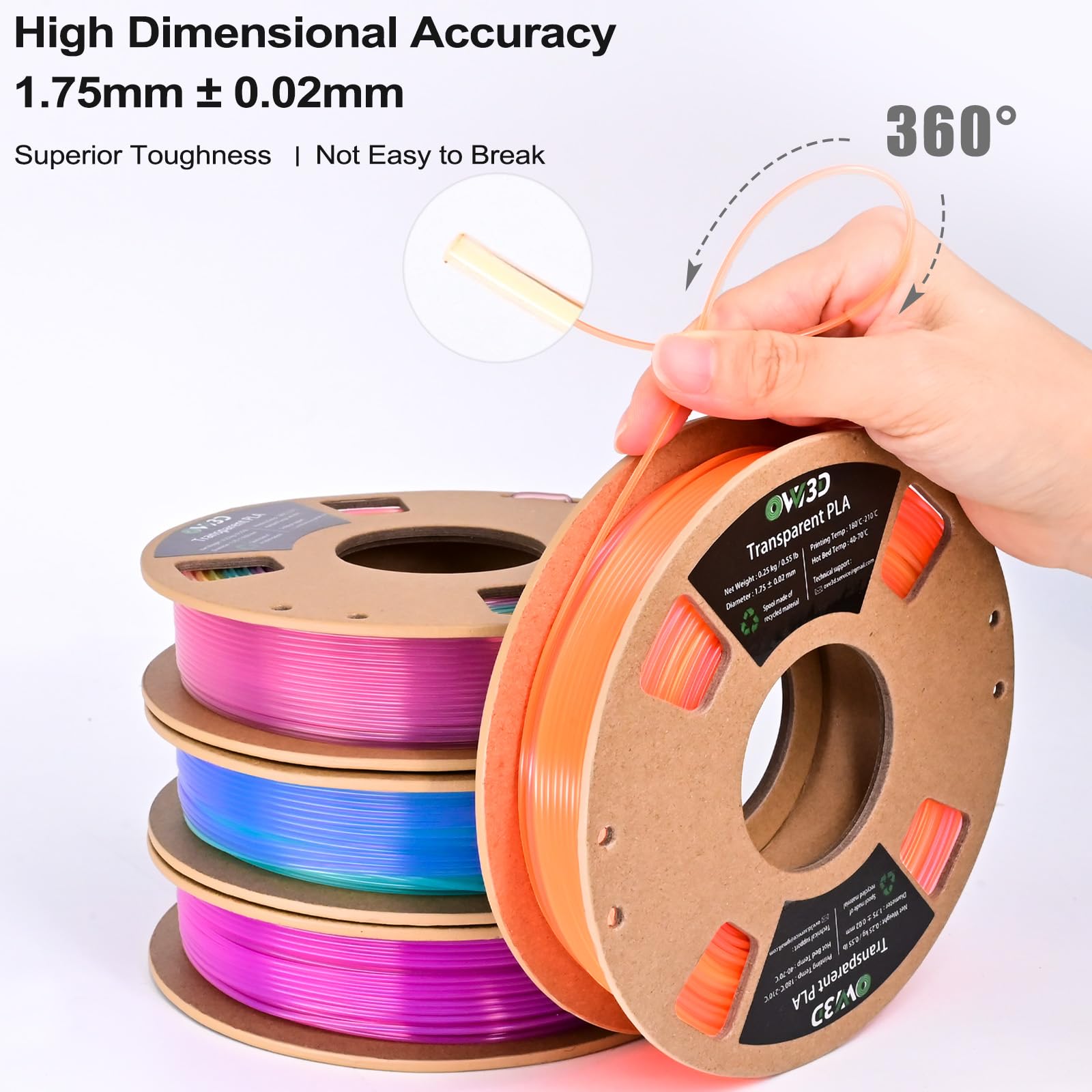 OVV3D Transparent Rainbow PLA Filament 1.75mm 200g X 4 Spools