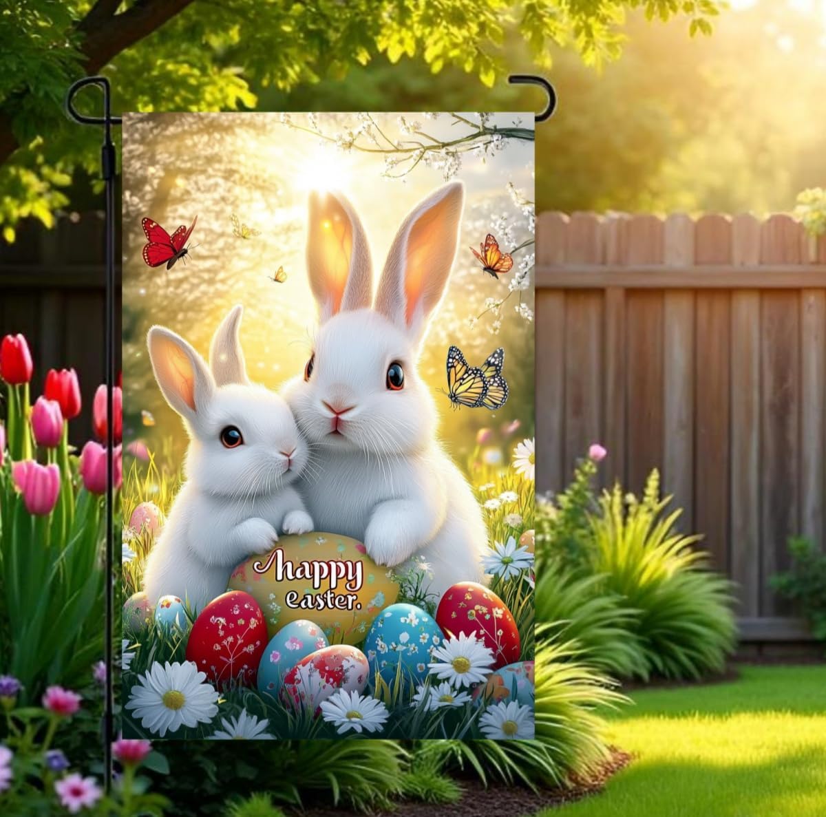 Happy Easter Garden Flag 12x18 Double Sided, Burlap Holiday Farmhouse Floral Egg Bunny Garden Flags Easter Outdoor Decorations, Small Decorative Spring Yard Flags for Outside Lawn Porch Garden Decor - Image 5