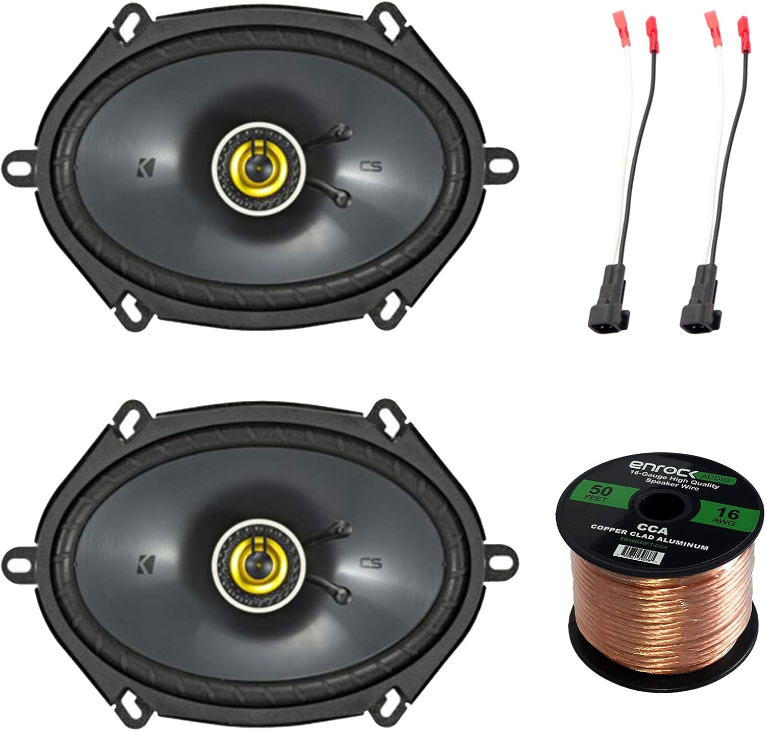 2X Kicker 225W 6x8 CS Series 2-Way Black Car Coaxial Speakers, 2X Enrock 16 Gauge Speaker Harness Adapter W/Red Bullet for Select Ford Vehicles 1998-UP, Enrock Audio 16-Gauge 50 Foot Speaker Wire