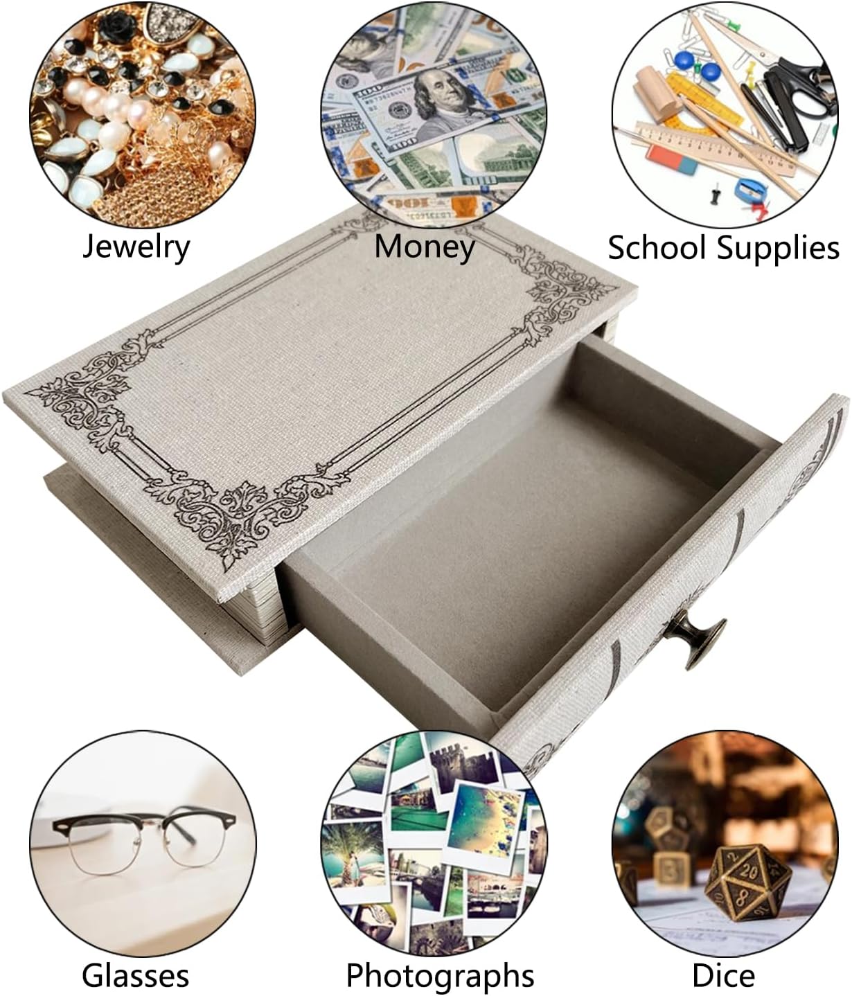 Vintage Book Storage Box with Drawer, Natural Linen-Textured Cover with Classic Frame Pattern, Hidden Organizer for Jewelry, Keepsakes or Desktop Use 11.8″ x 8.7″ x 2.4″