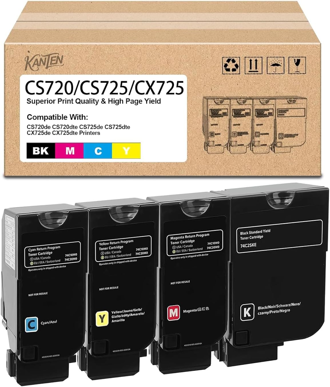 KANTEN CS720 CS725 CX725 Toner Cartridge 4-Pack KCMY (with Chip) Replacement for Lexmark 74C10K0 74C10C0 74C10M0 74C10Y0 Compatible for CS720de CS720dte CS725de CS725dte CX725de CX725dte Printers