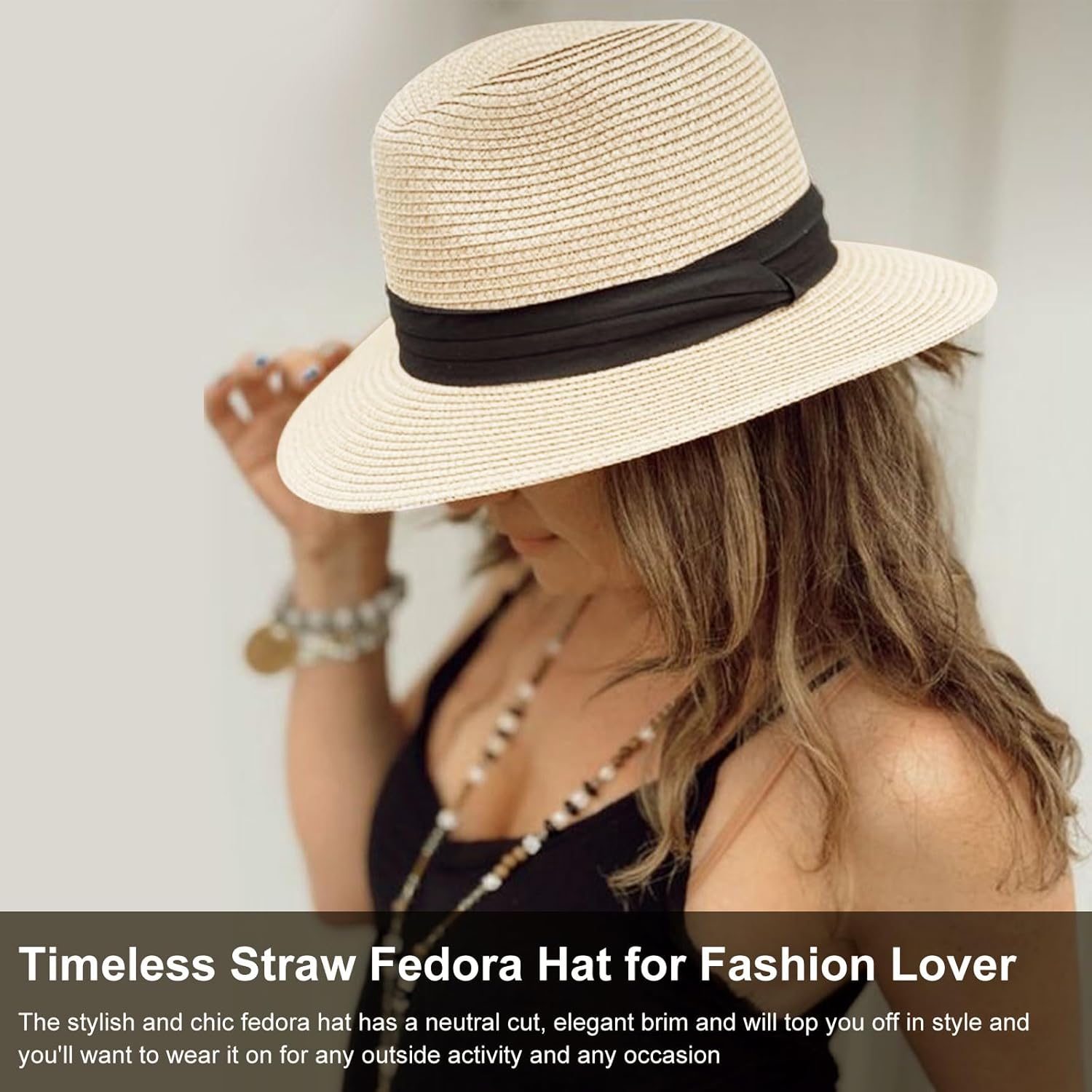 Summer Straw Fedora Hat for Women Men Travel Panama Hat with Wide Brim Roll Up Sun Hat for Beach Outdoor UPF 50+ - Image 3