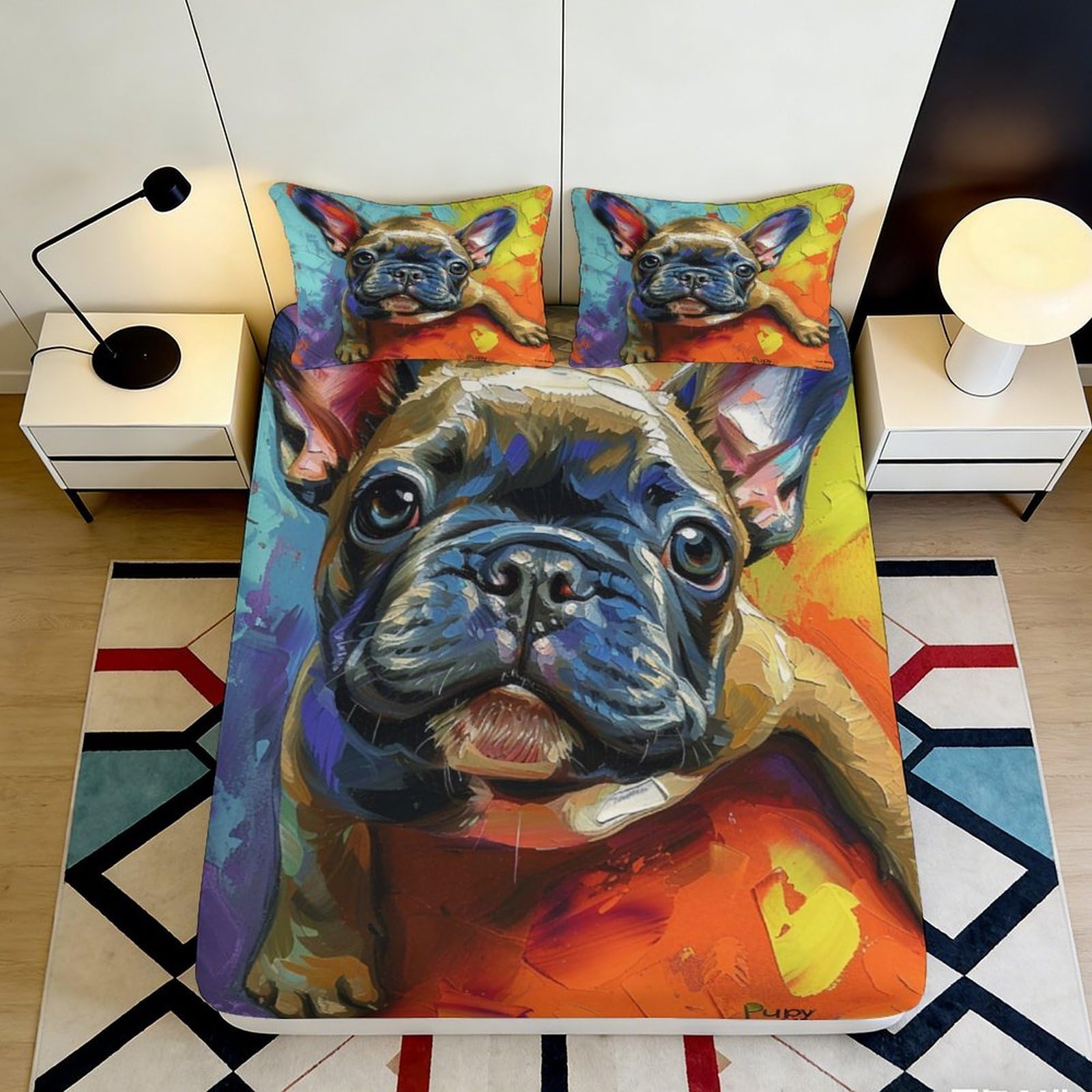 3D Printed Colorful French Bulldog Fitted Sheet Microfiber Soft Durable Vibrant Puppy Bed Cover for Bedroom Dormitory Guest Room Mattress Protection 180x200x25cm
