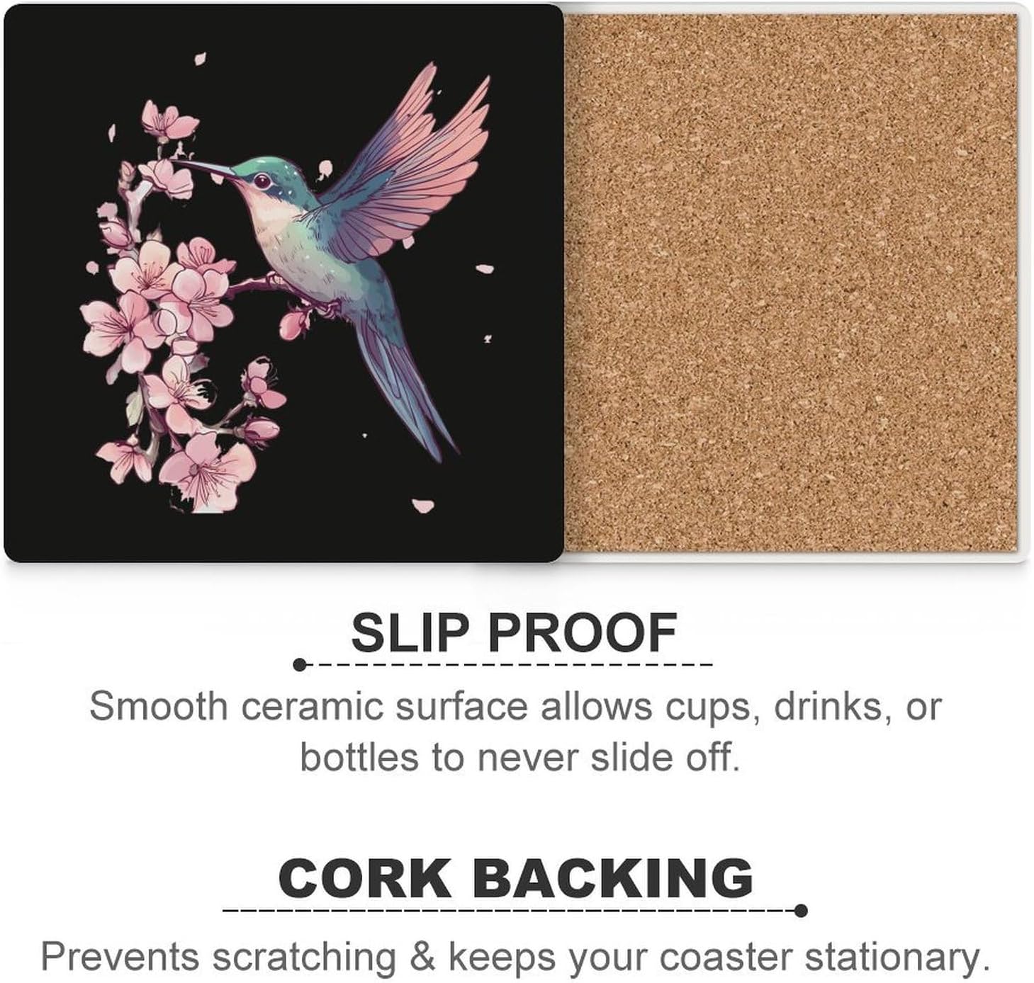 Rainbow Hummingbird Colorful Bird Coasters for Drinks Square Table Coasters Set Cup Mats with Cork Base