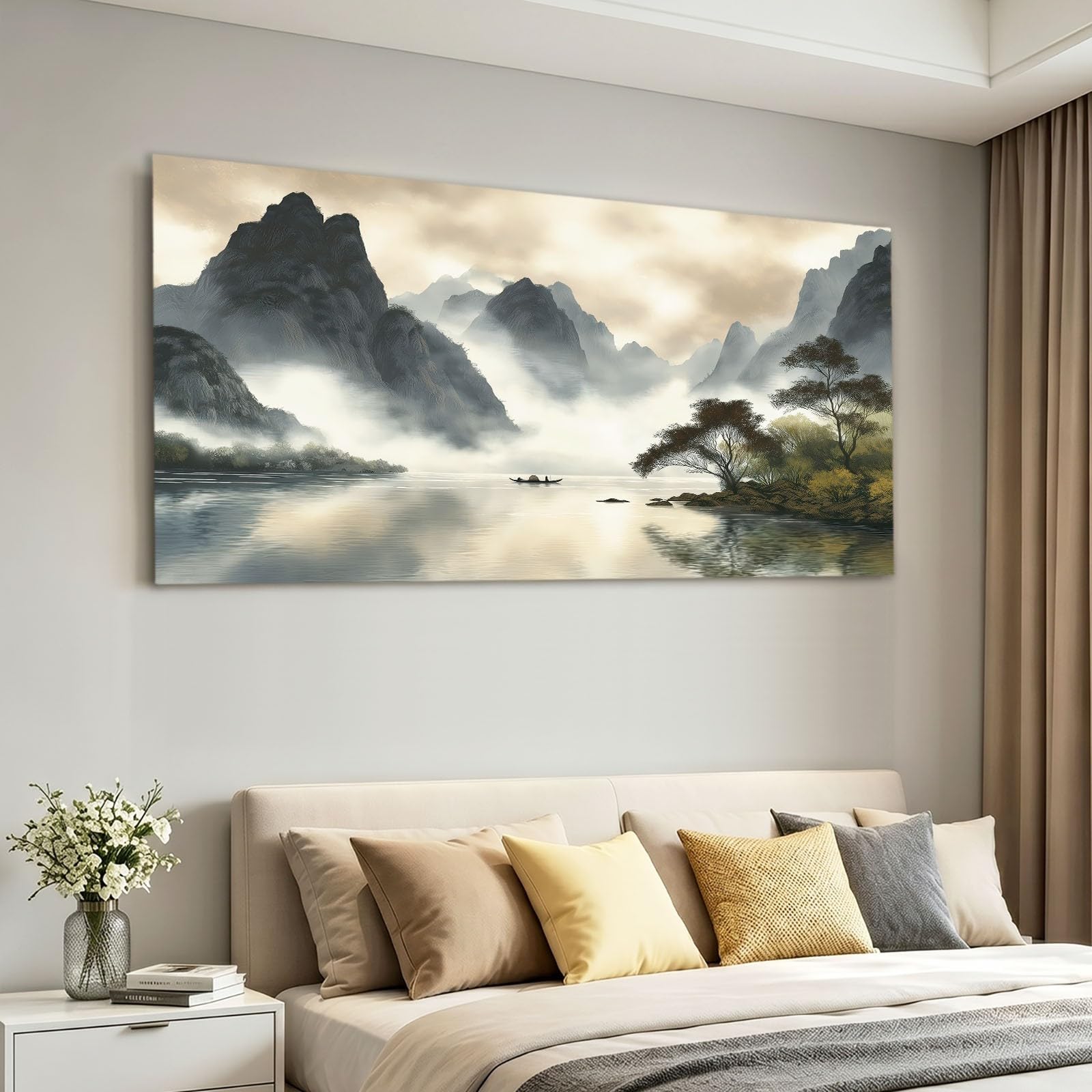 Obraz na płótnie, natura, krajobraz, XXL, obraz ścienny, dekoracja ścienna, 120 x 60 cm, druk artystyczny na płótnie z drewnianą ramą, szary góra jezioro, dekoracja ścienna do salonu, sypialni, biura