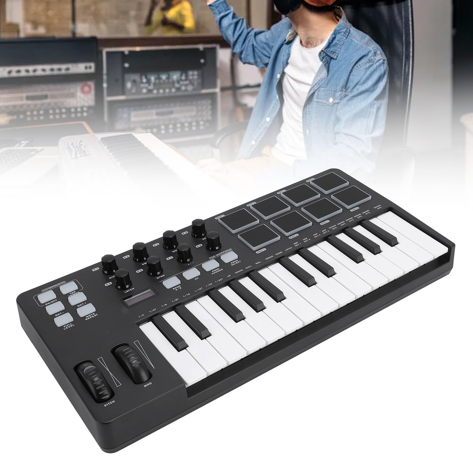 Fockety Controlador de Teclado Midi USB, Controlador Midi de 25 Teclas con Integración DAW Modo de Acordes Modo de Escala 8 Pads de Batería Retroiluminados Arpegiador 8 Perillas Software