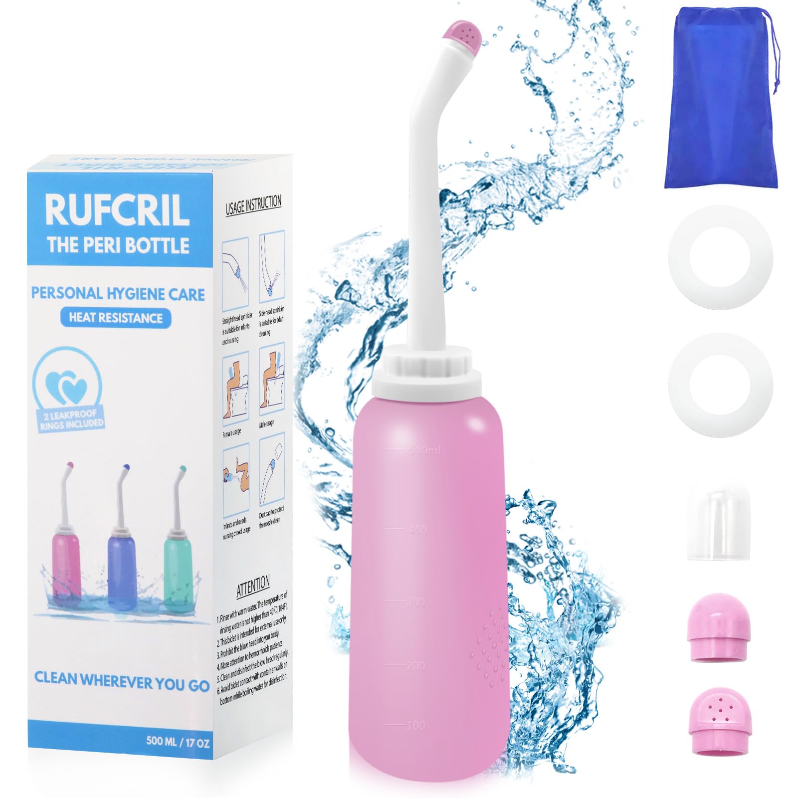 RUFCRIL Po prysznic, butelka Peri, materiał TPE dla oporu 100 ℃, 500 ml z 2 pierścieniami uszczelniającymi, przenośny bidet podróżny z torbą do przenoszenia, Essentials do pielęgnacji poporodowej