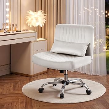 Warmiehomy Velvet Office Chair, Luxury Criss Cross Chair with Wheels, Comfy Cross Legged Desk Chair for Home Office, Stylish Vanity Chair, Wide Seat Computer Chair, Best Gift for Girls, Pure White