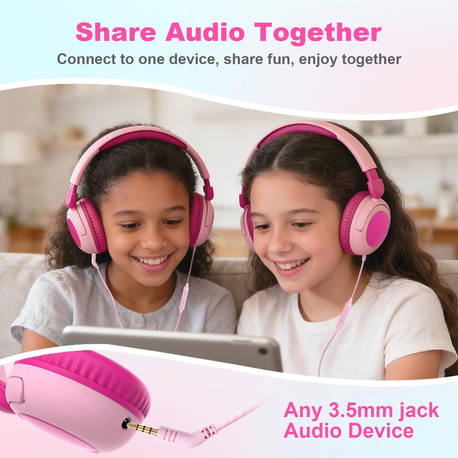 V8 Cuffie per bambini, con cavo jack da 3,5 mm, cuffie per bambini, con limitatore di volume sicuro, suono stereo HD, cuffie over-ear per tablet, iPad, Kindle (rosa)