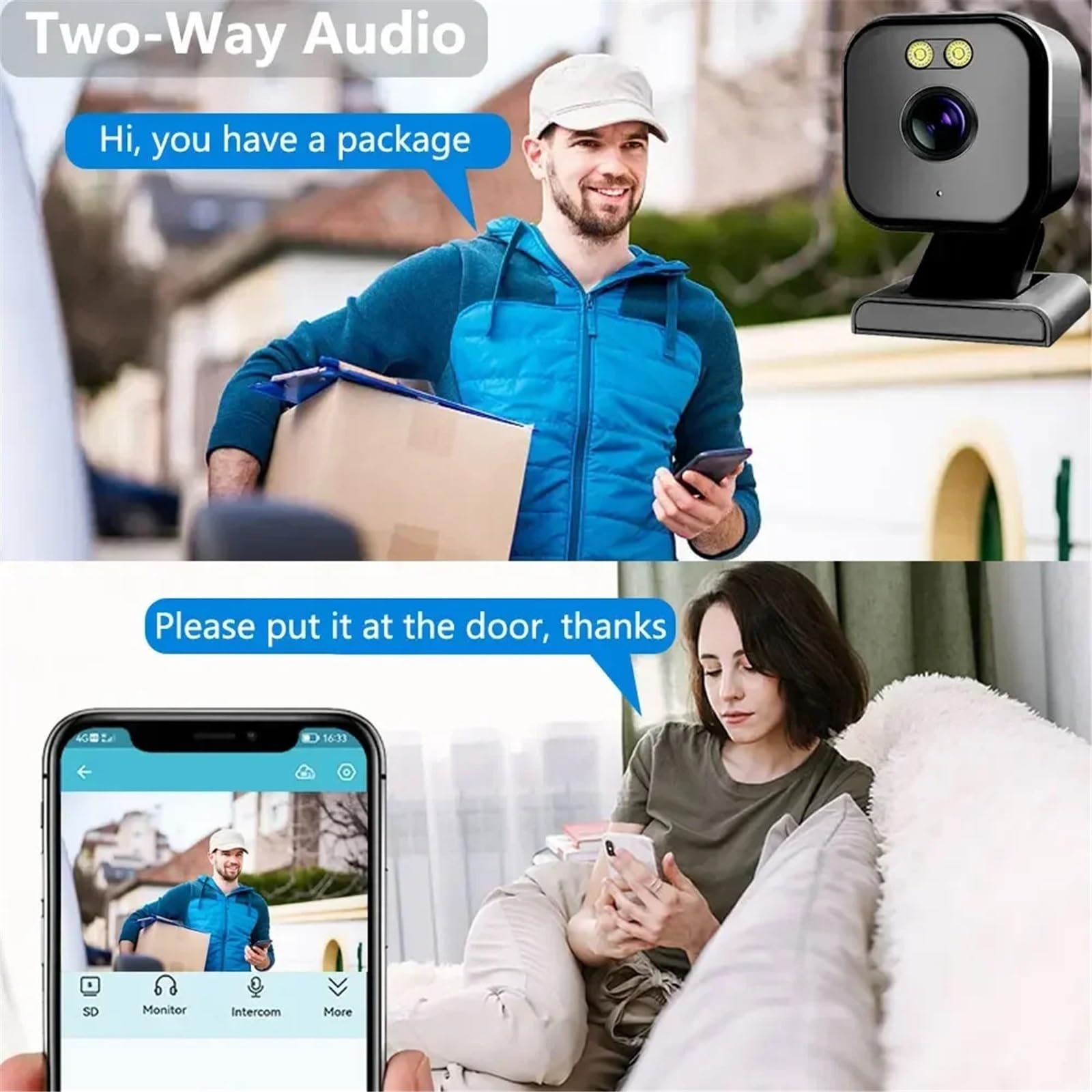 Domowa czarna mini kamera Noktowizor Dwukierunkowy dźwięk Magnetyczny alarm WiFi Wbudowana syrena do przechowywania w chmurze domowej(WIFI Camera 64G Card)