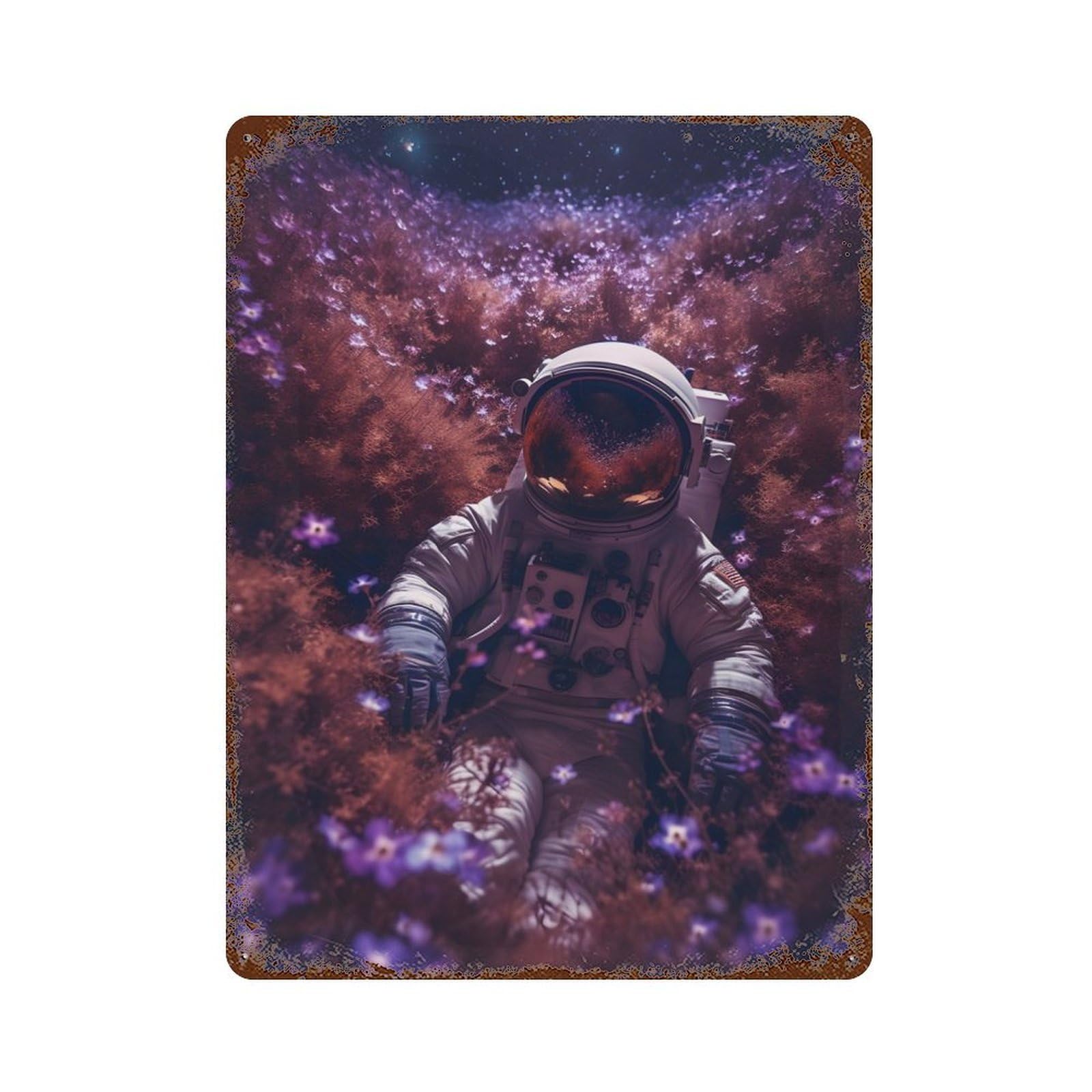Purple Cosmos Astronaut Rusty Metal Tin Sign 15.7"x11.8", Ideal for Farmhouse, Kitchen And Entryway Decor