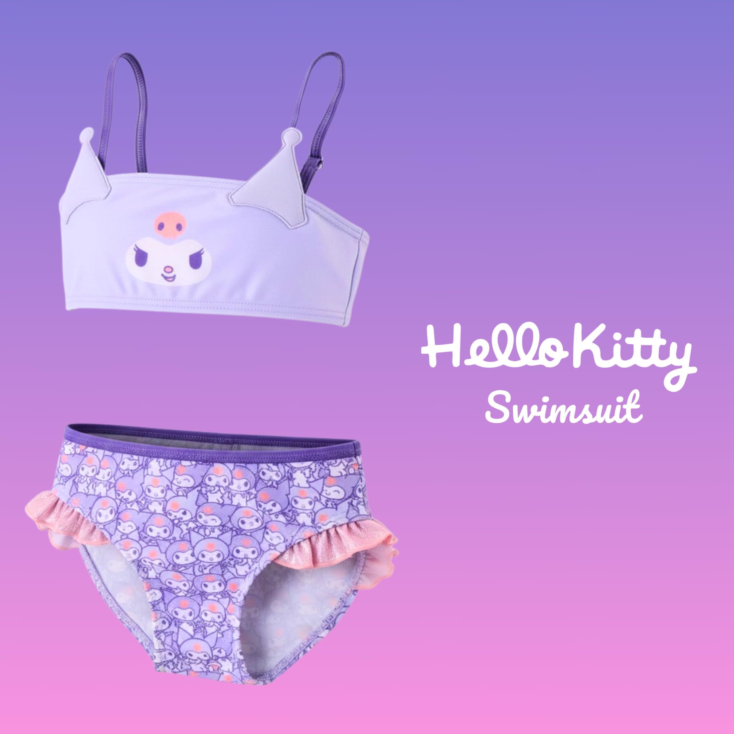 Hello Kitty Kuromi Bikini para Niña, Diseño Purpurina Bañador de Dos Piezas Verano Infantil, Tallas 4 a 10 Años