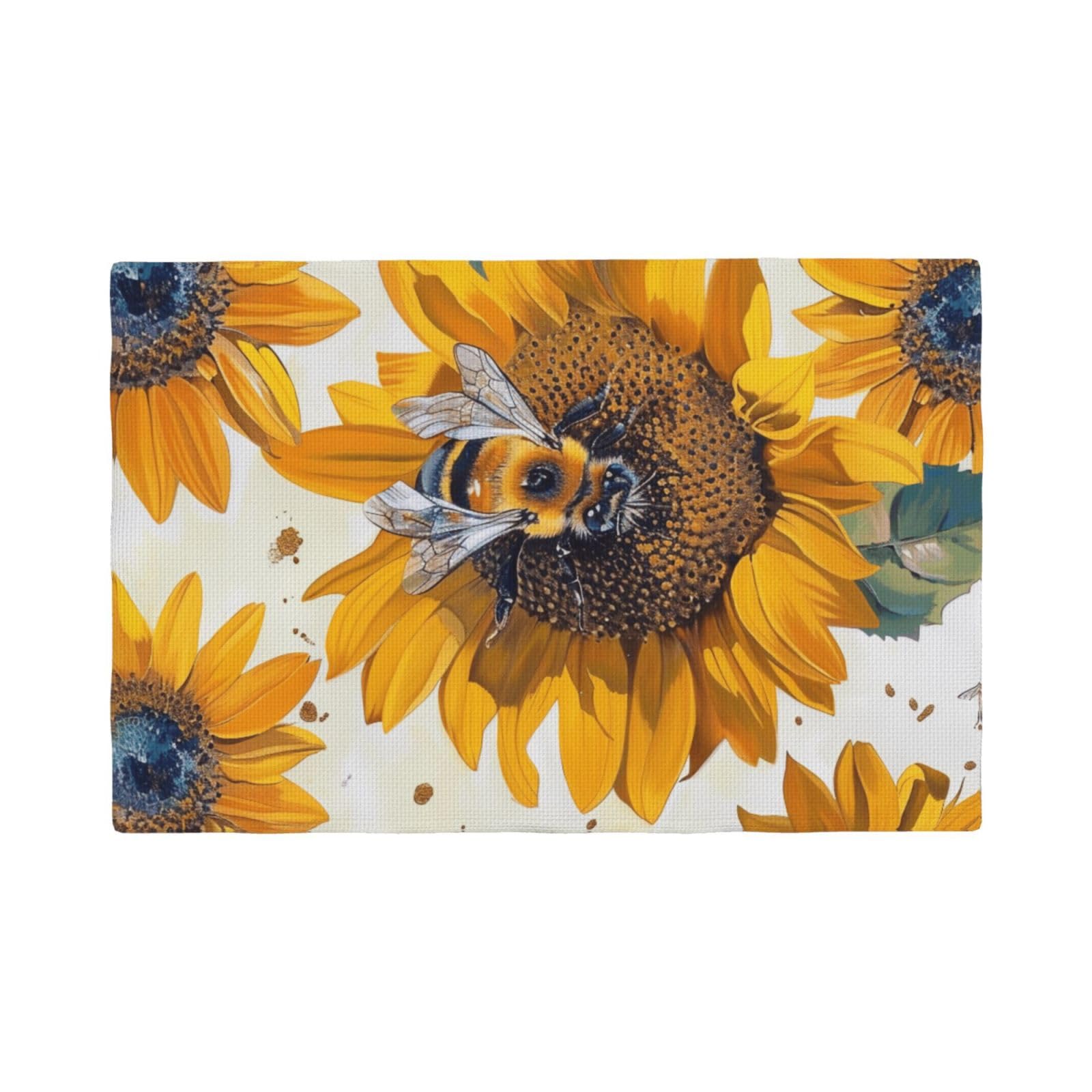Bee on sunflower Print Placemats Set, Heat Resistant Washable Placemat 12x18in Table Mats for Party Kitchen Dining Table Decoration Indoor Outdoor, Six Piece
