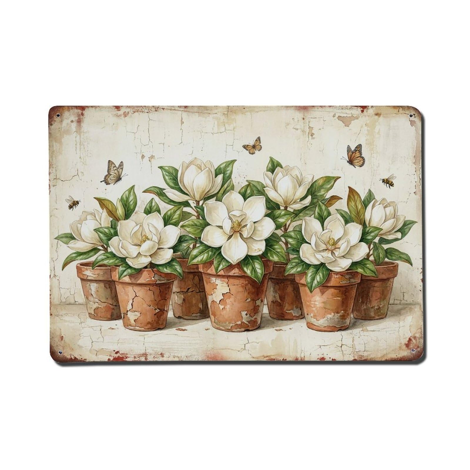 Vintage Rustic Flower Potted Plants Magnolia Metal Tin Sign