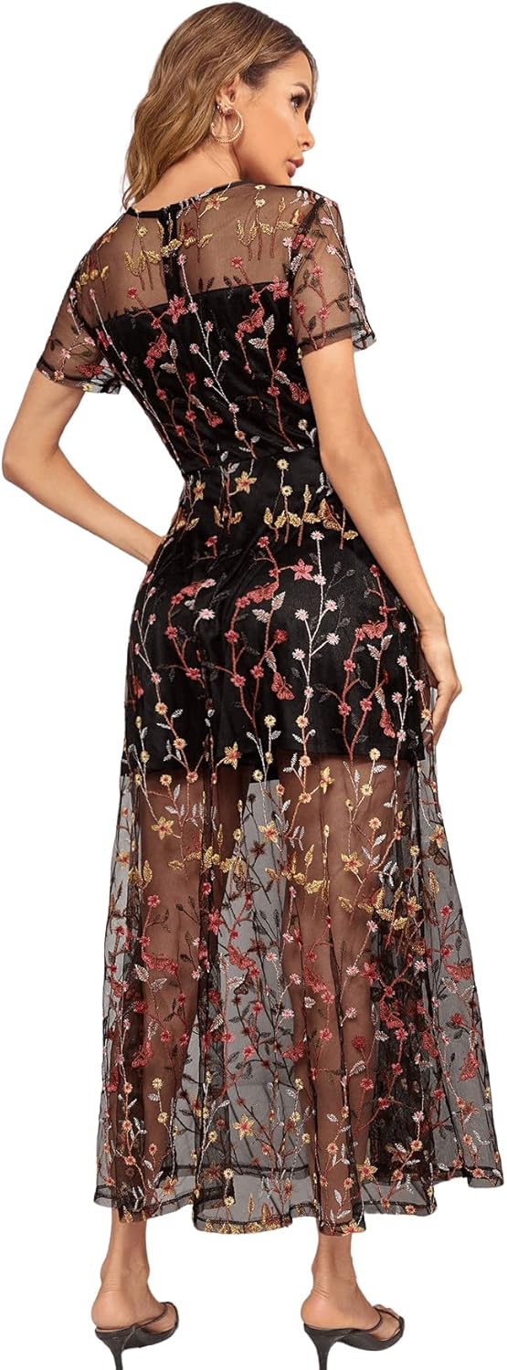 SweatyRocks Women's Sheer Mesh Embroidery Dress Floral Short Sleeve Dress A Line Long Dresses