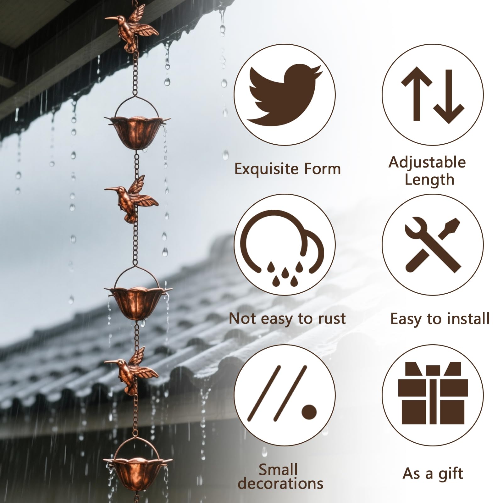 Chaîne de Pluie pour gouttières, 2,4 m, Vintage, en Bronze avec 7 Colibri et gobelets
