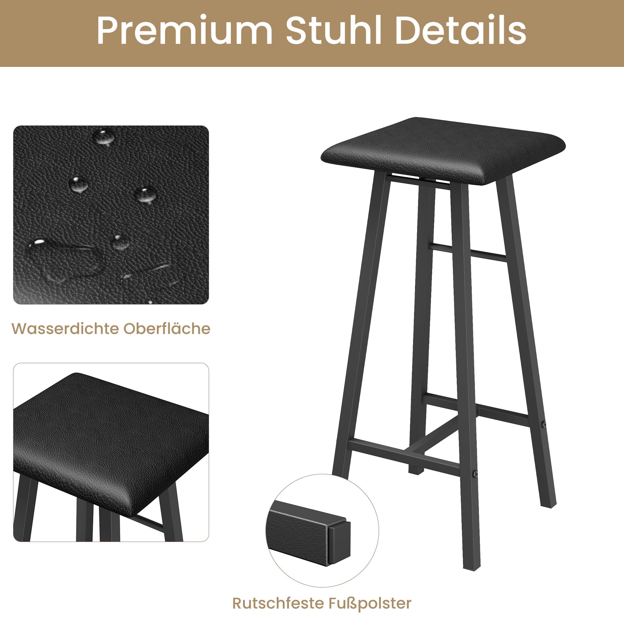 Garvee Conjunto de Bar Industrial 3 Piezas con 3 estantes – Mesa y 2 taburetes, Soporte para Copas – Ideal para Cocina o Comedor pequeño – Negro con Estructura y cojín Negros
