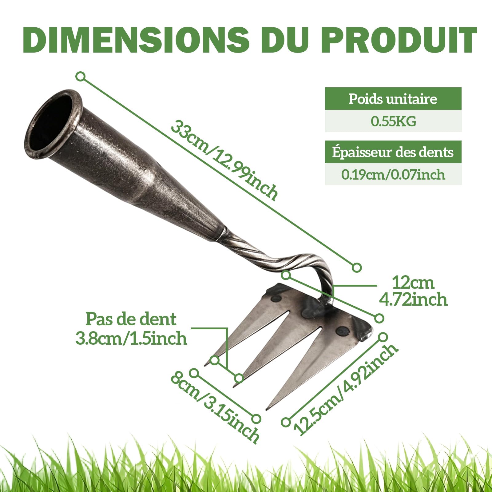 MagiDeal Râteau Désherbeur, Outil de Désherbage, Rateau de Désherbage Berthaus, Rateau de Jardin Robuste en Acier au Manganèse, Râteau à Main pour Planter, Cultiver La Pelouse, sans Manche, 3 Dents