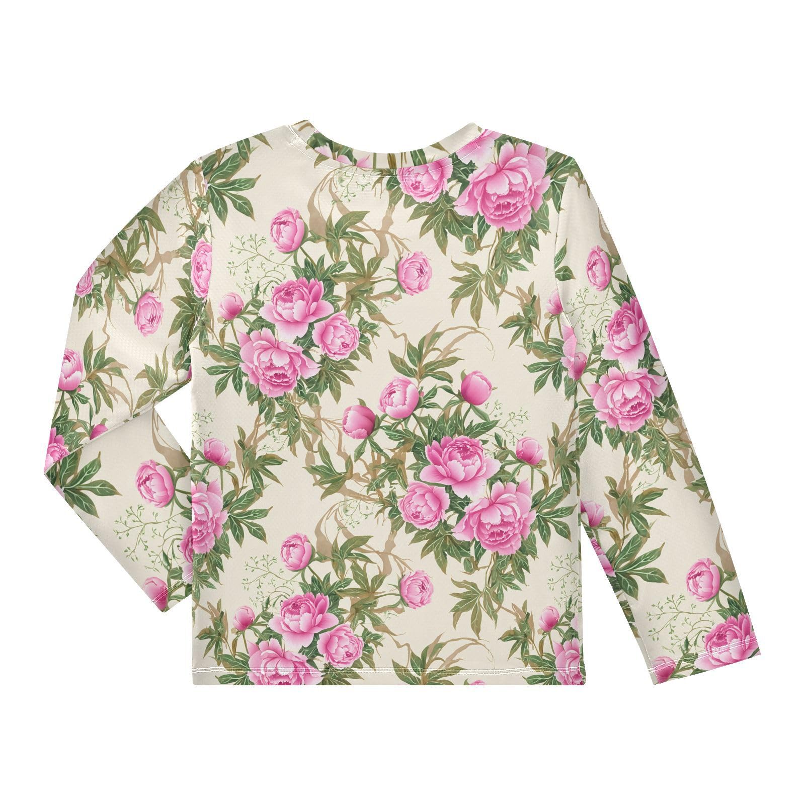 DOMIKING Peonies Foliage Branch Beige Boys Long Sleeve Rashguard Shirt Kids Quick Dry Swim Shirt for Kids Toddler 11-12T