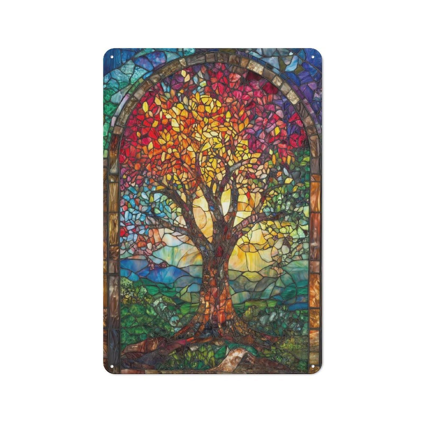 Junmoney Style-13 Metal Wall Sign 30X20cm Featuring Stained Glass Tree For Café Or Home Bar, For Collectors Decorating Cafés And Home Bars
