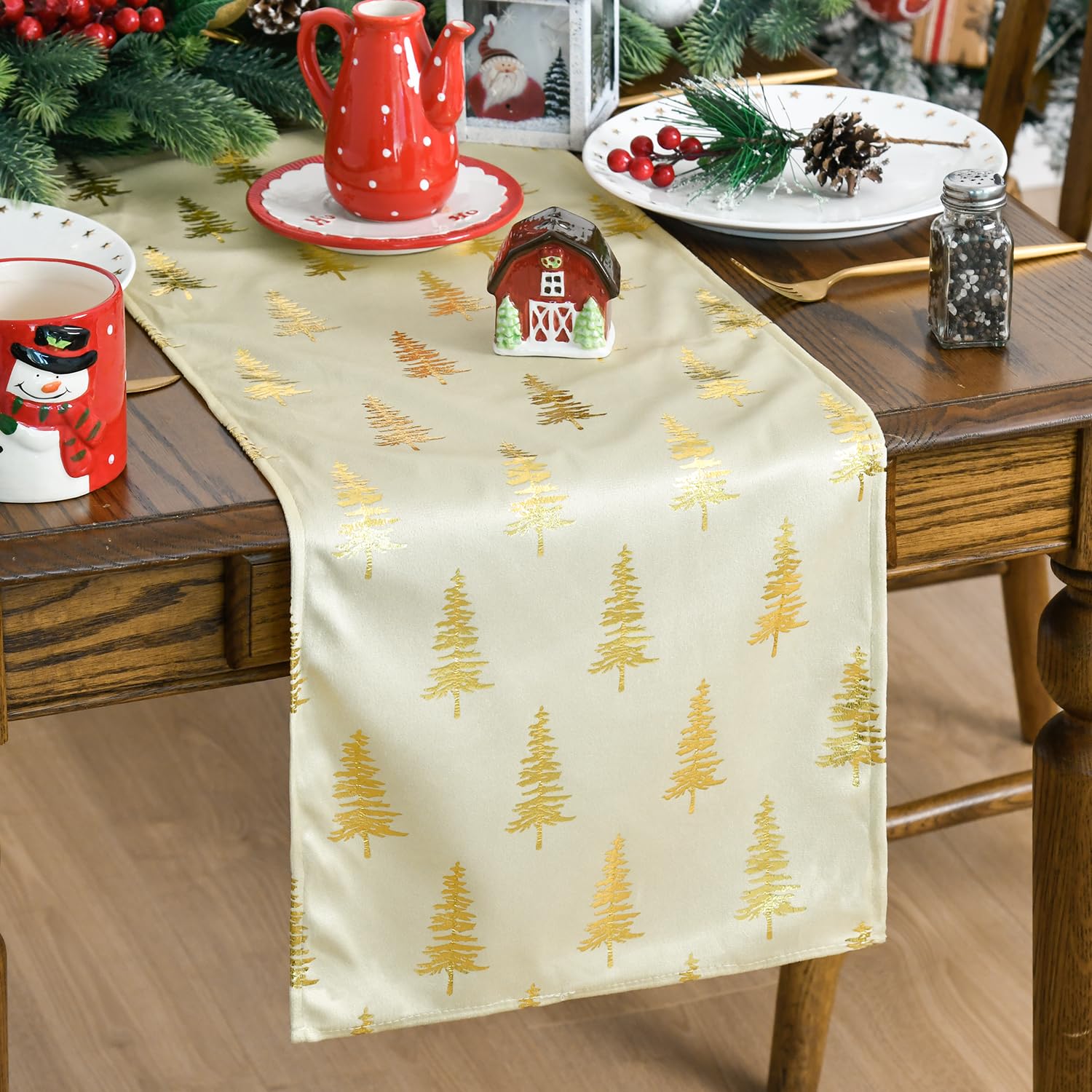 Artoid Mode Christmas Tree Beige Dutch Fleece Glitter Metallic Foil Table Runner, Holiday Kitchen Dining Table Decoration for Home Party Decor 13x108 Inch