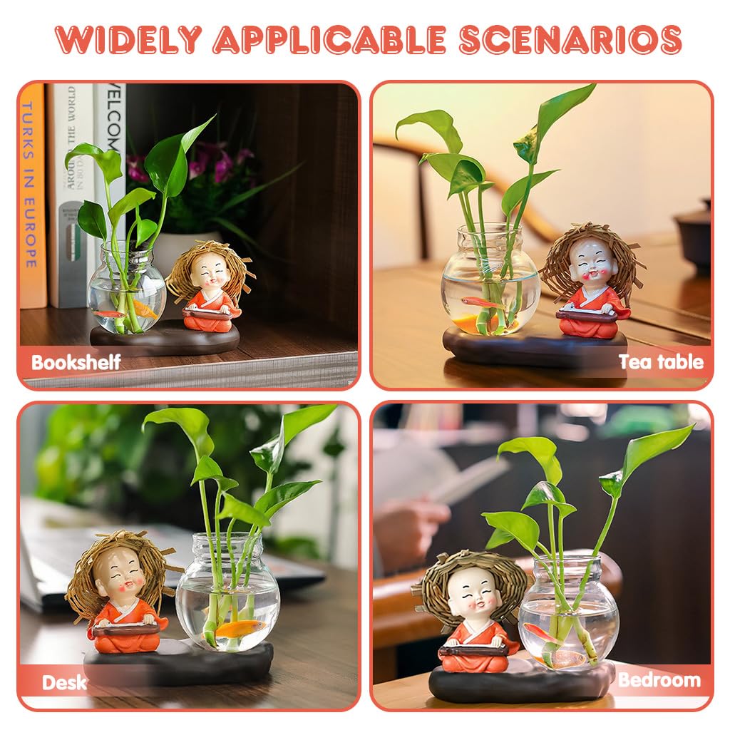 HASTHIP® Zen Hydroponic Glass Bottle Smile Little Monk Resin Desk Green Decor - Image 6 thumbnail