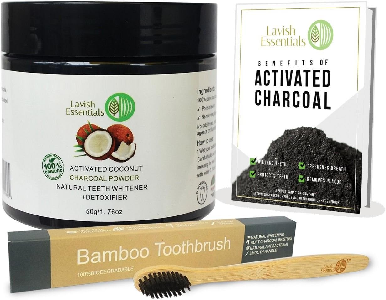 Teeth Whitening Powder | Teeth Whitening | White 100% Natural Organic Toothpaste Activated with Coconut Charcoal (50g) + Free Bamboo Toothbrush