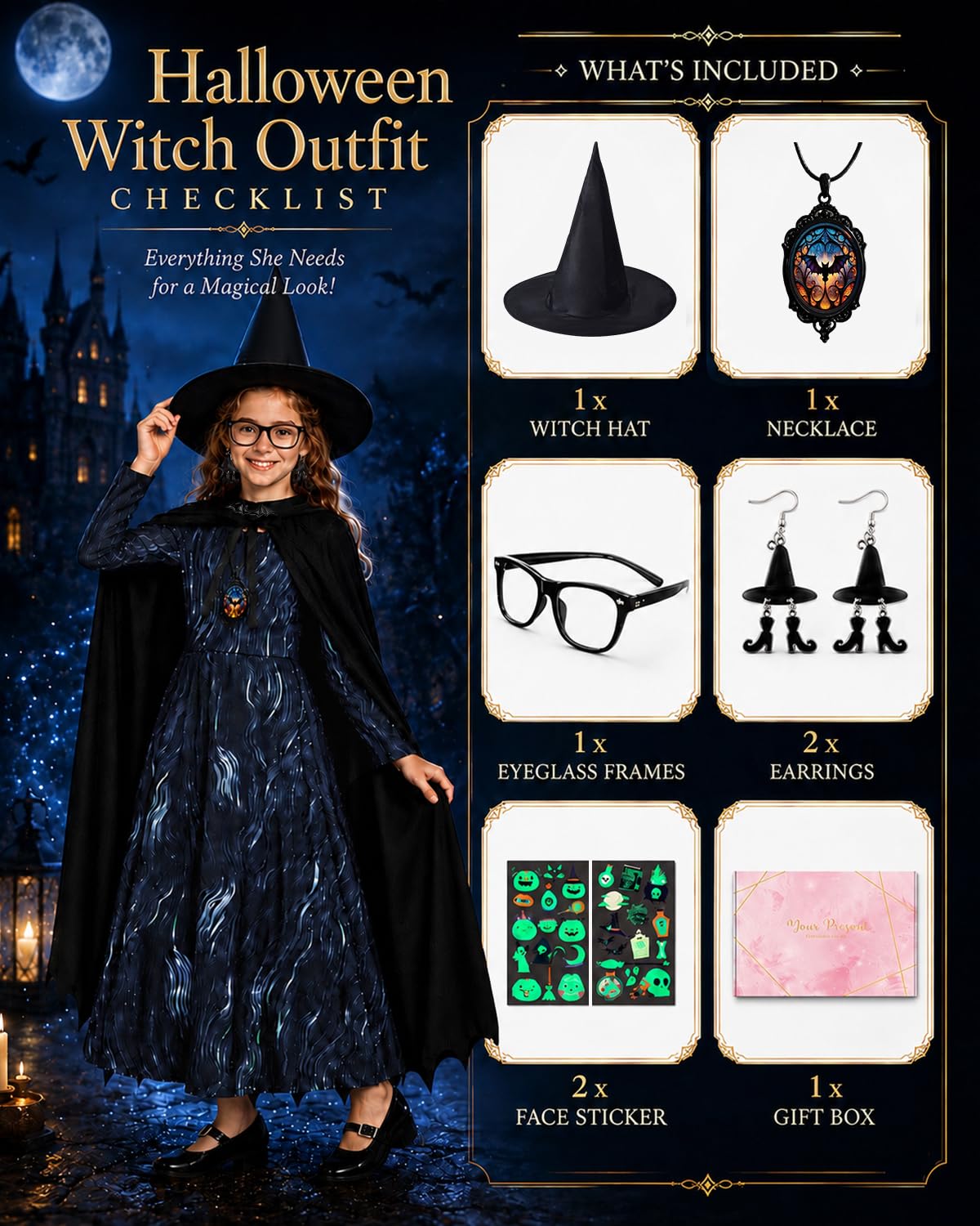 Disfraz Bruja Niña, Disfraz Halloween Niña Bruja con Accesorios, 150