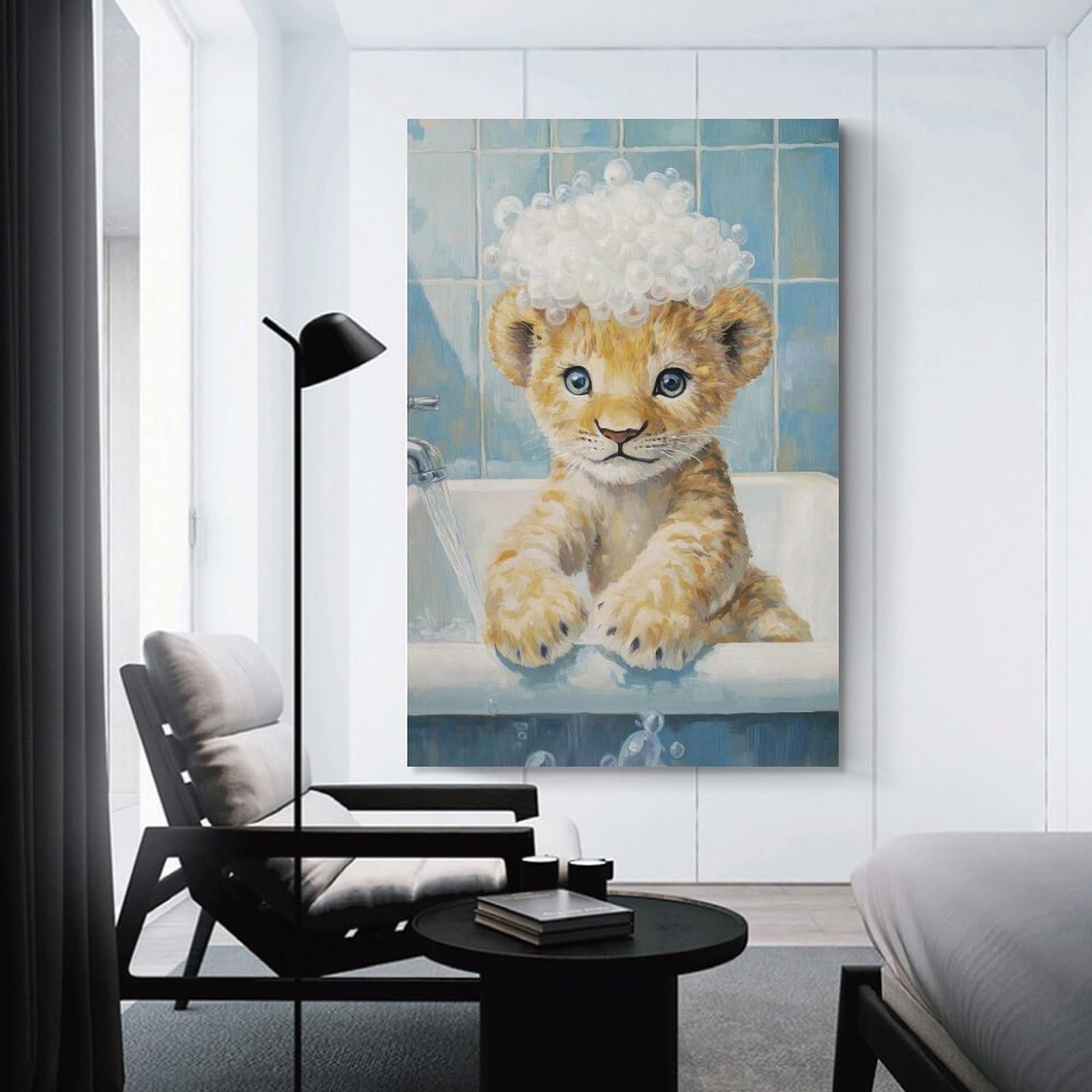 Junmoney Wall Picture Print Lion Cub Bath Time, 20x30inch(50x75cm), for Living Room, Lounge Or Sitting Room, Modern Wall Decor for Cosy Interiors