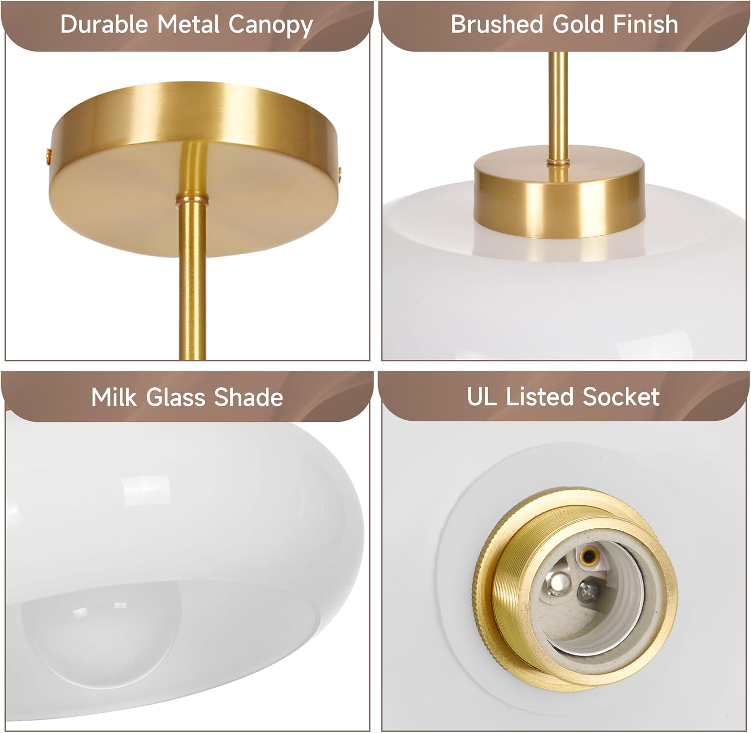 Modern Glass Ceiling Opal White Ceiling Lamp with Dome Shade, Gold Brass Mid Century Semi-Flush Mount Ceiling Pendant Light Fixture for Dining Room, Kitchen, Bedroom, Hallway, Entryway